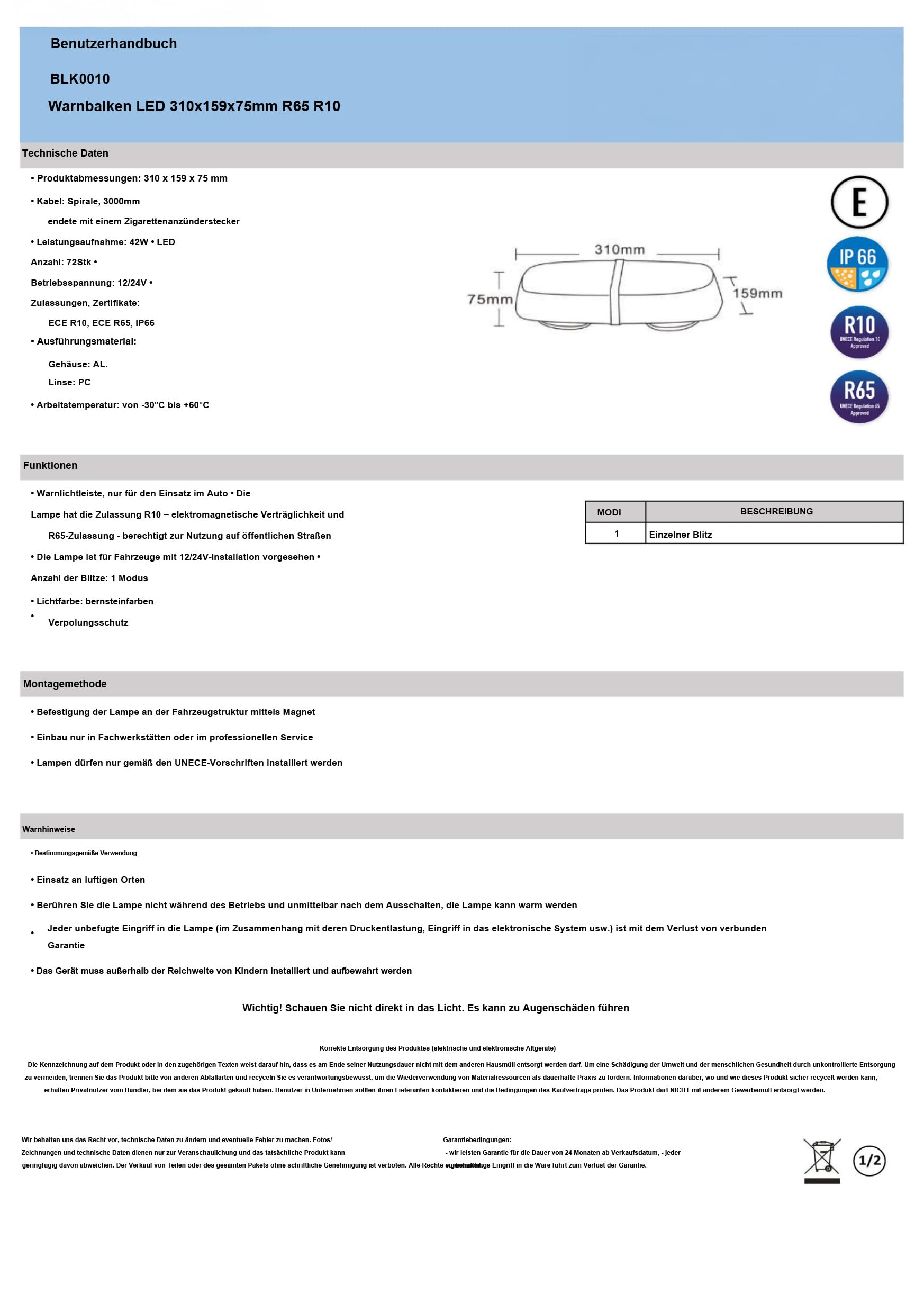 Barra de Advertencia Magnética LED Baliza Señalizacion de 310 mm, 12 V, 24 V, 42 W