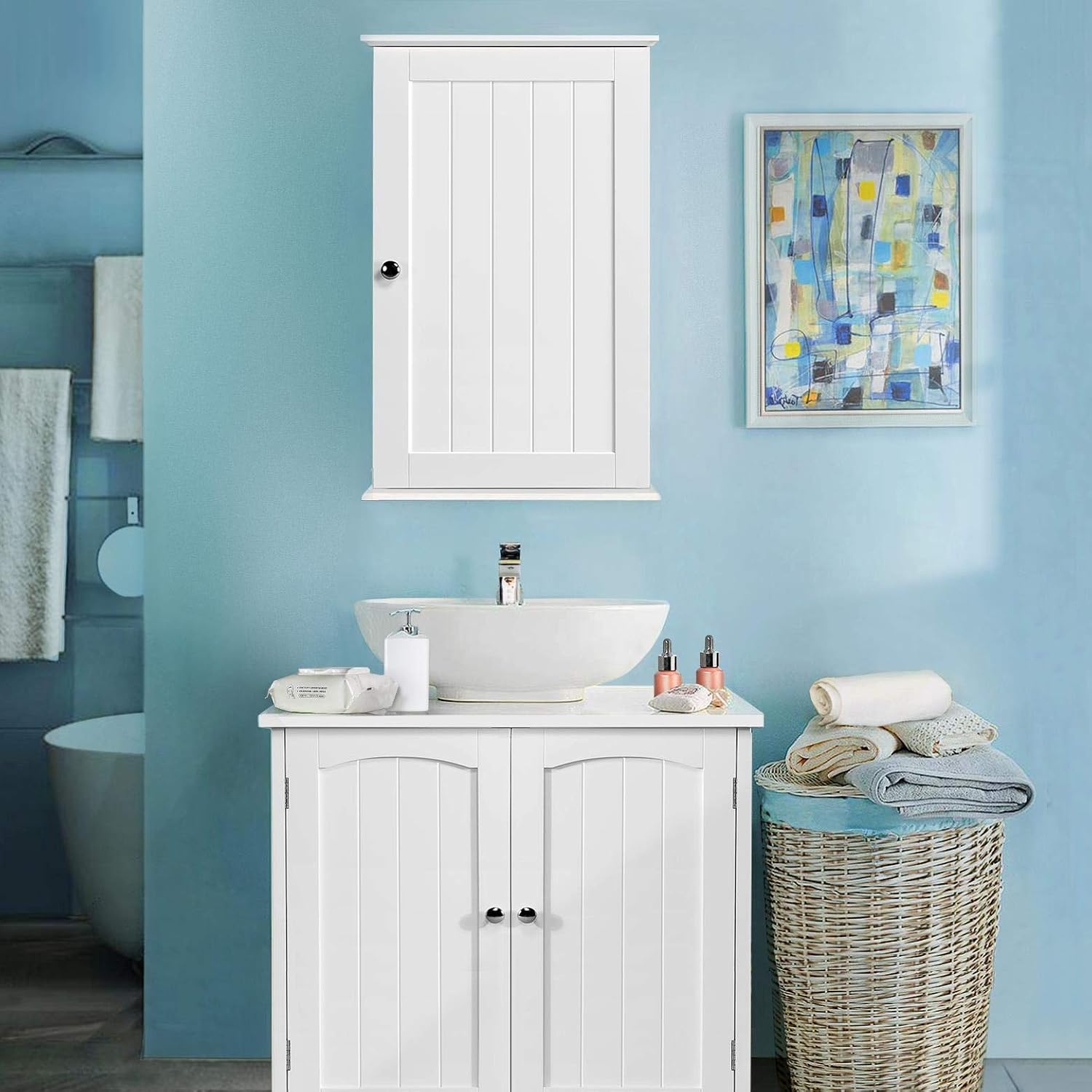 Yaheetech Bathroom Cabinet Single Wall Mounted Bathroom Storage Cabinet Wooden Cupboard with Adjustable Shelves, 21D x 35W x 55H cm, White