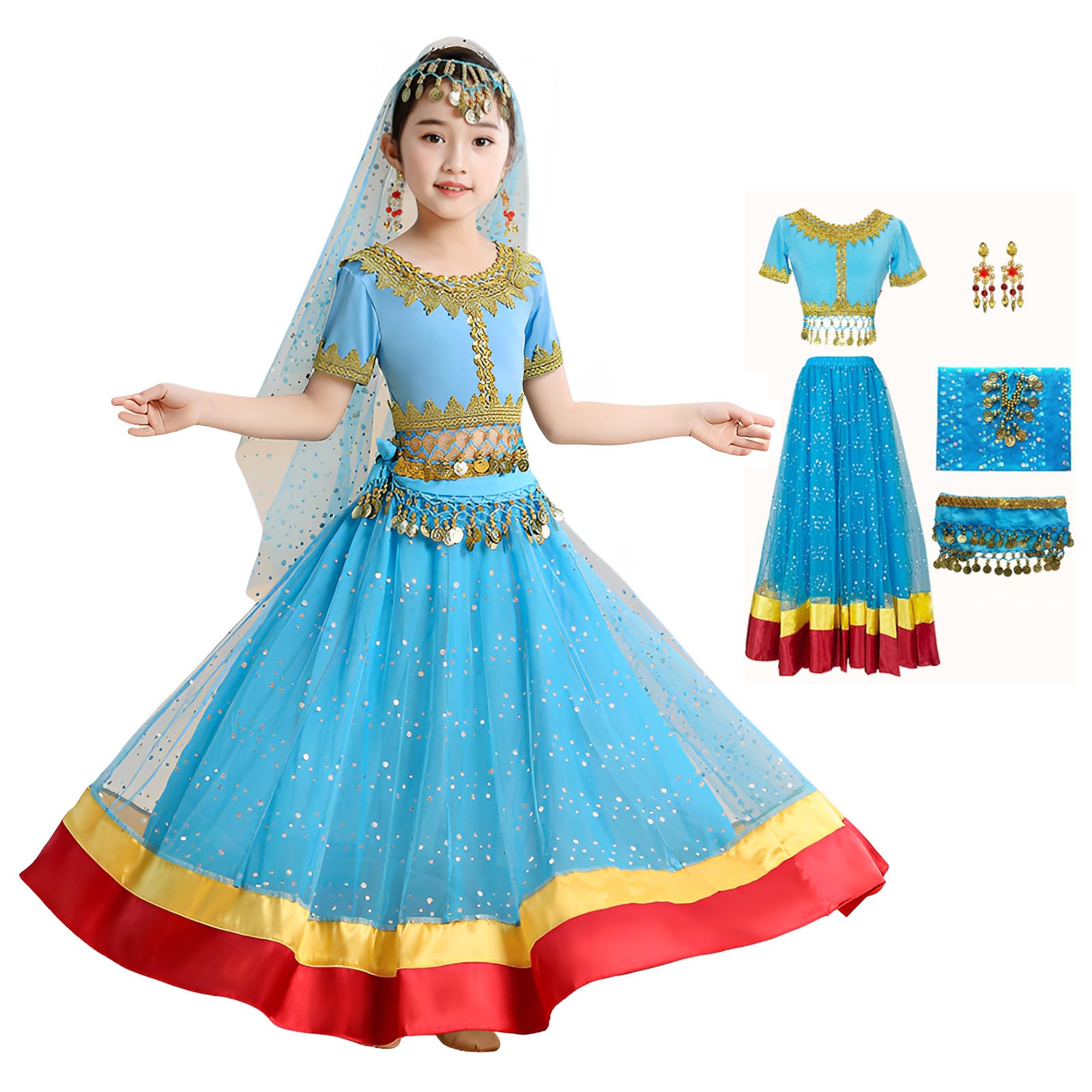 Niebieski kostium do tańca brzucha dla dziewcząt, sukienka Bollywood, błyszczący top do tańca brzucha i spódnica typu swing,5piece outfit,XL
