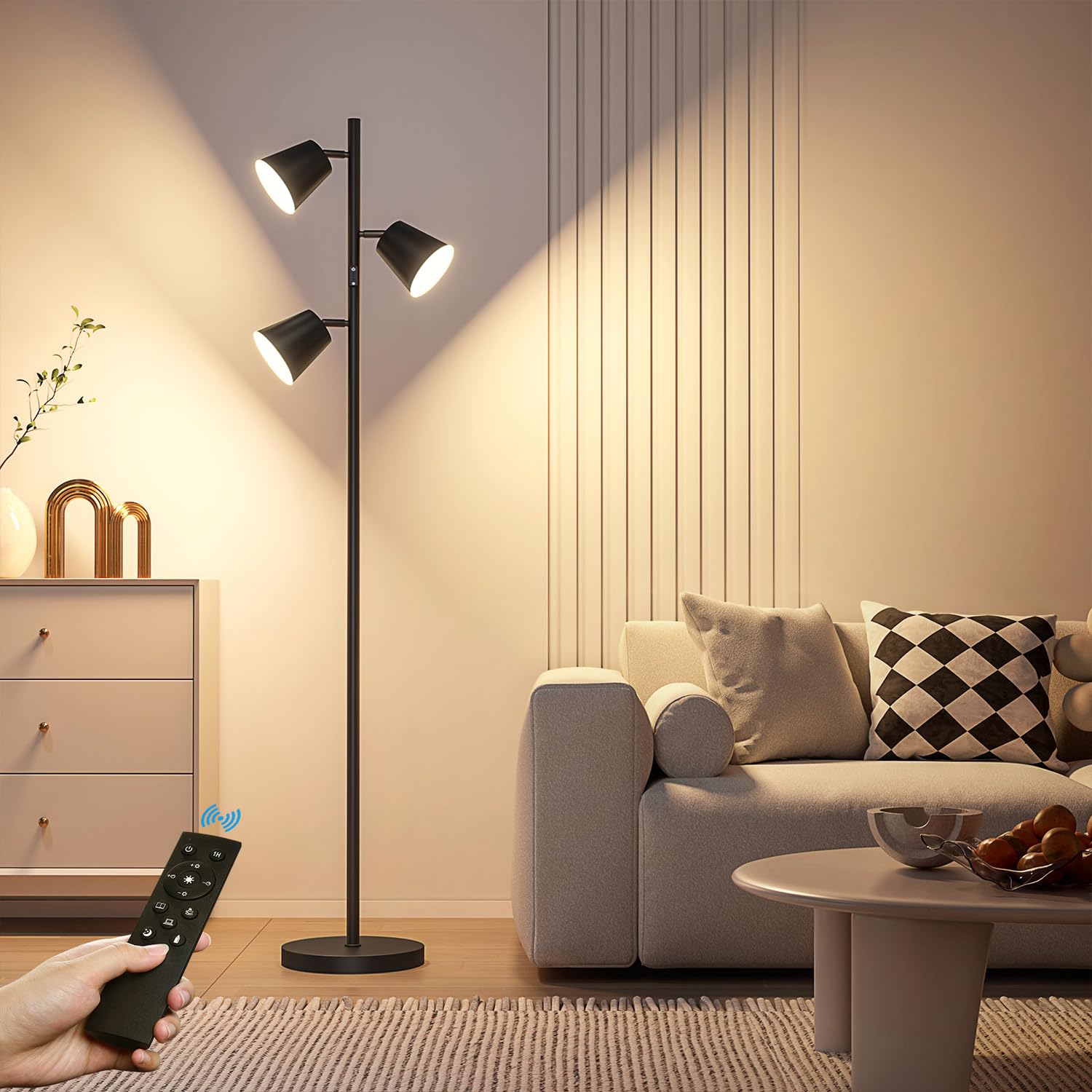 2024 New LED Tree Floor Lamp, 36W Dimmable 2500 LM Modern Standing Lamp with Remote & Touch Control, 4 Color Temperatures, 3 Rotatable LED Light Floor Lamps for Living Room Bedroom Office-Matte Black