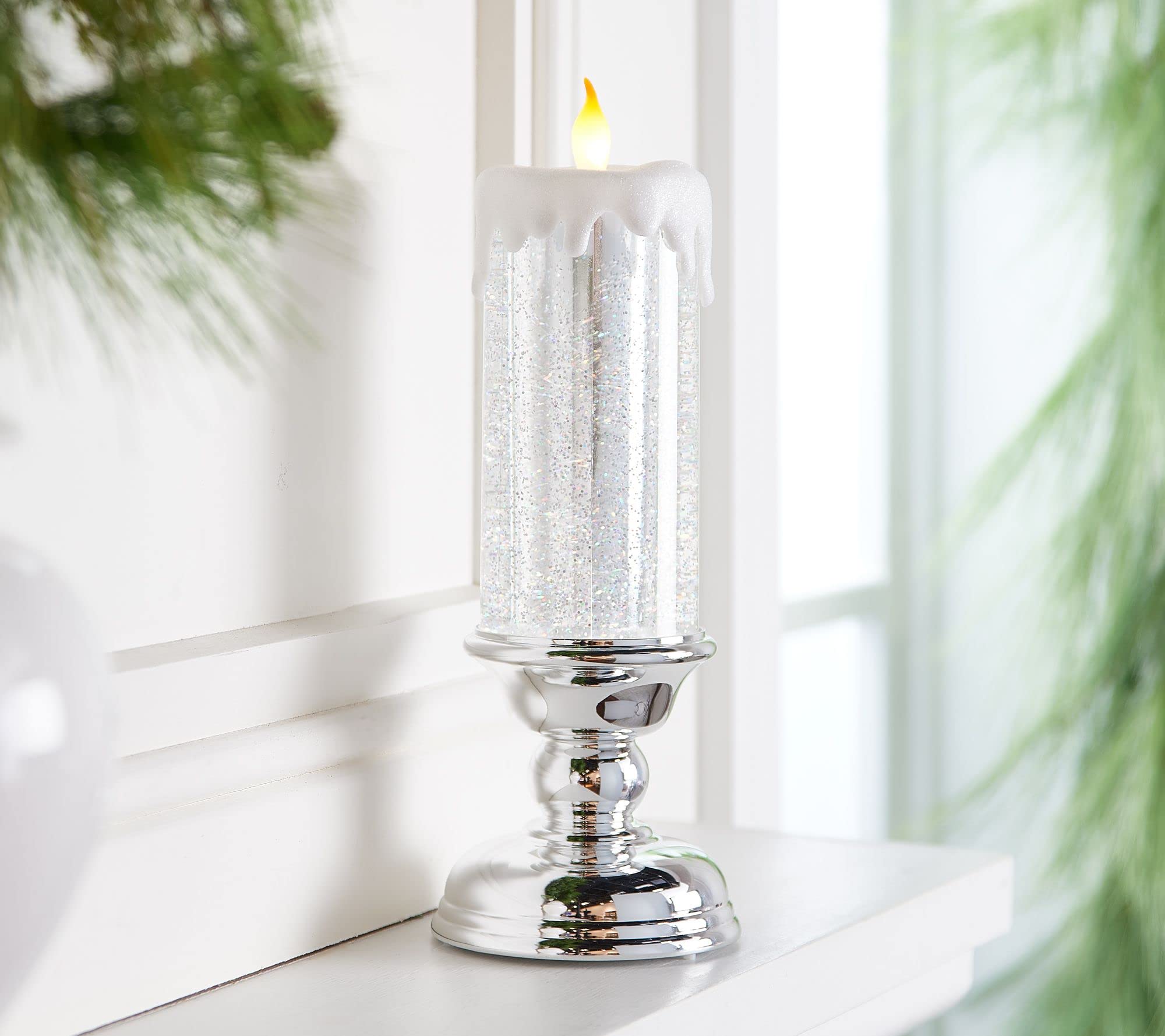 13" Illuminated Glitter Pedestal Candle by Valerie in Silver