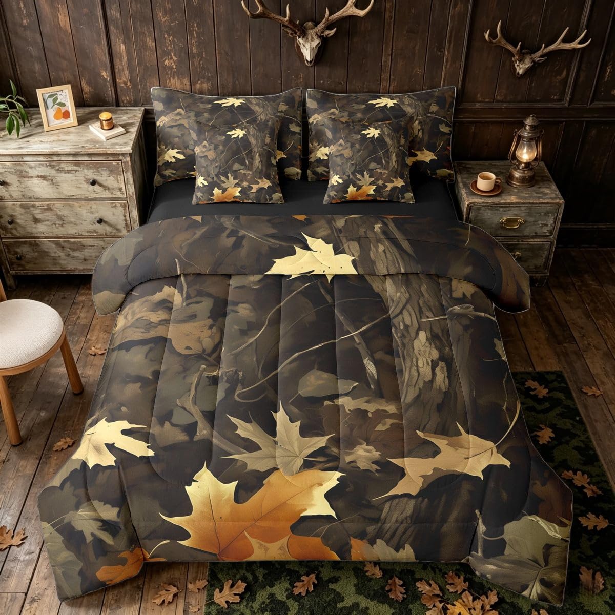 Erosebridal Grey Yellow Camo Branches Leaves Comforter Set Queen Size 7 Pieces | Rustic Farmhouse Bed in A Bag Hunting Woodland Kids Bed Set Adults Women Men Bedding