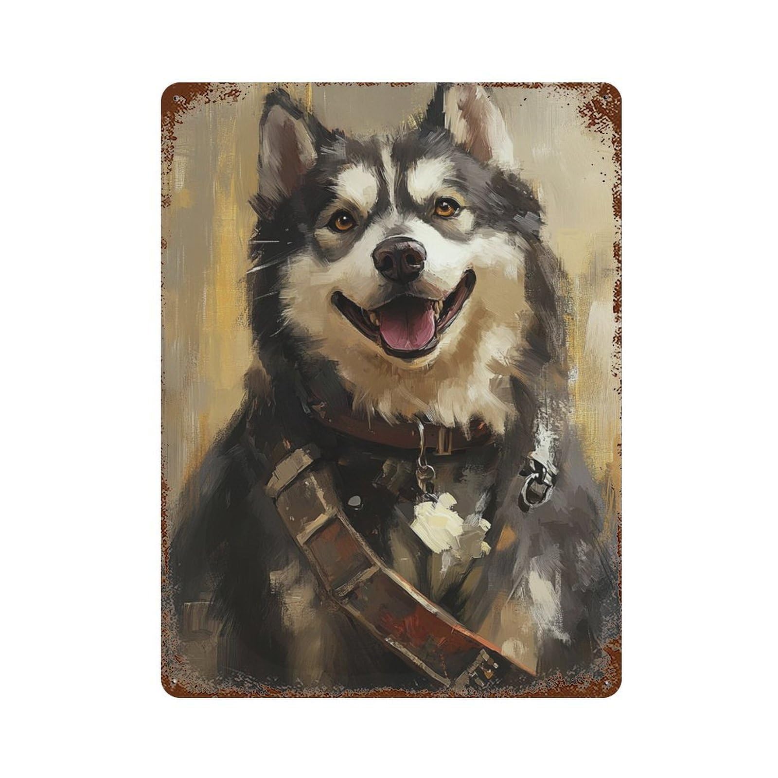 Smiling Husky in Armor Rustic Tin Plaque 15.7"x11.8", Industrial Home Decor for Pub, Kitchen And Man Cave Decor
