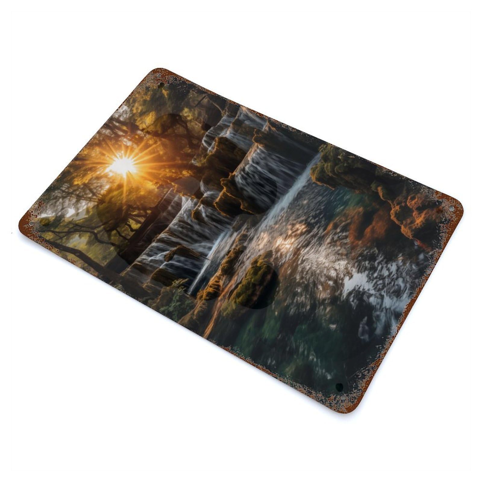 Vintage Rust Metal Sign with Nature Waterfall in Suset Design 11.8"x7.9", for Shed, Workshop And Garage Wall Decor, Classic Wall Plaque