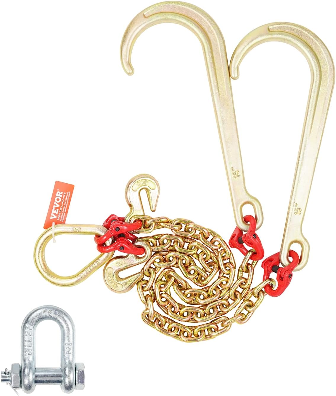 VEVOR G80 V Bridle Chain, 5/16" x 2' Towing Chain Bridle with 15" J Hooks and Grab Hooks, Heavy Duty Transport Tow Chain Bridle with 10800 lbs Safe Working Load for Flatbed Truck Wrecker Recovery
