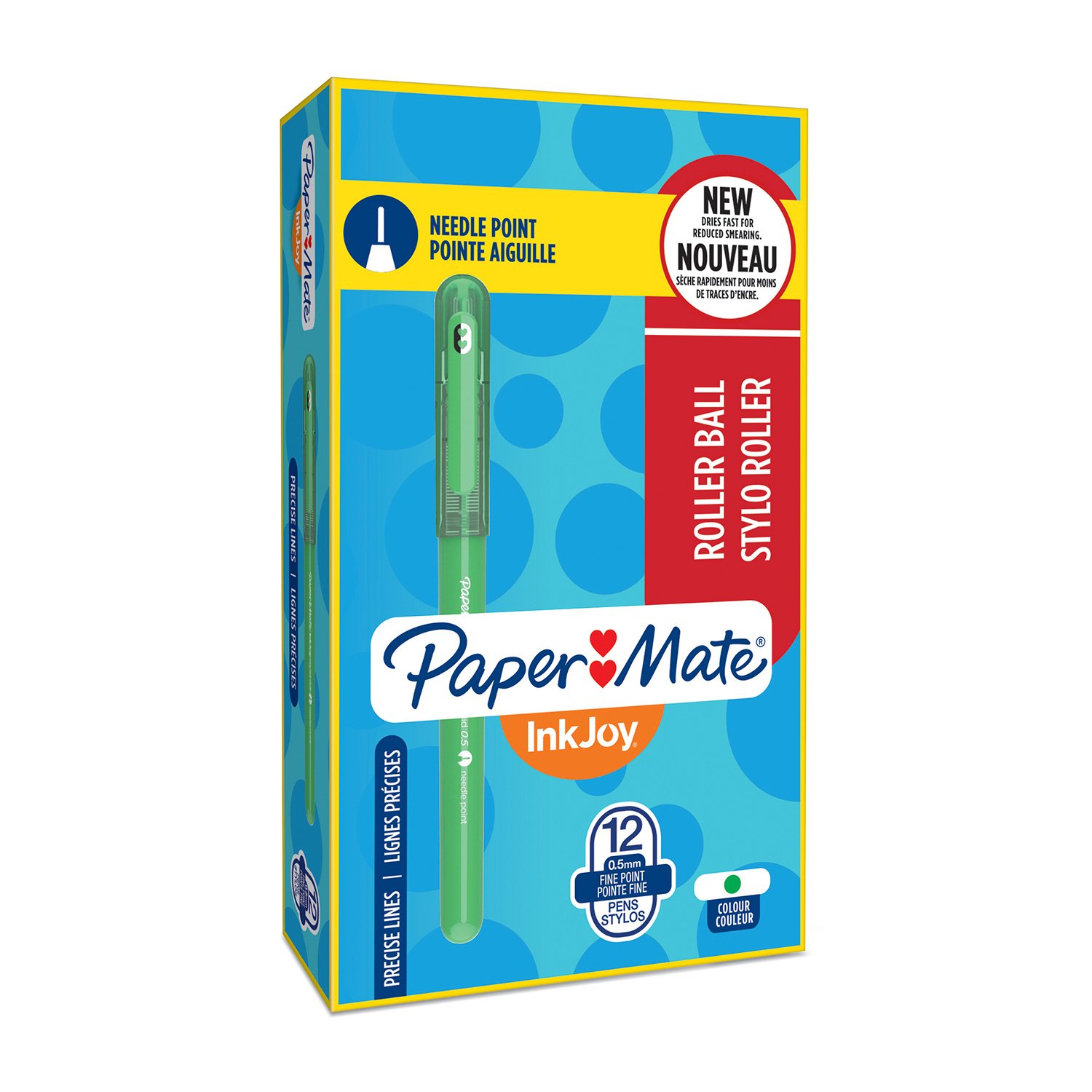 Paper Mate InkJoy Rollerball Needle Point, Green, Box of 12