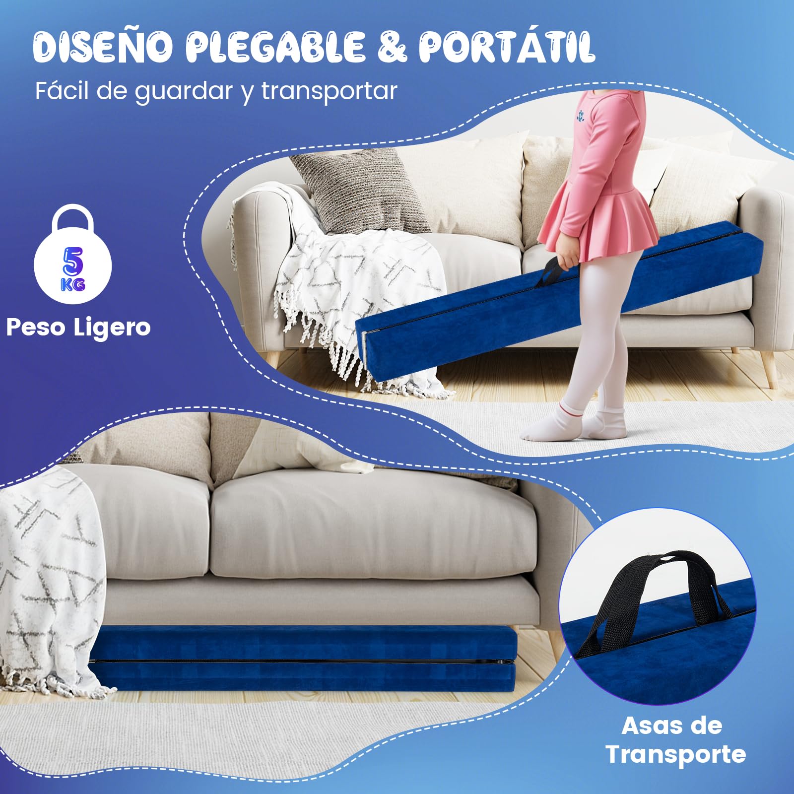 COSTWAY Barra de Equilibrio Plegable 240cm, Base de Madera Sólida y Fondo Antideslizante, Viga de Equilibrio e para Niños y Adolescentes