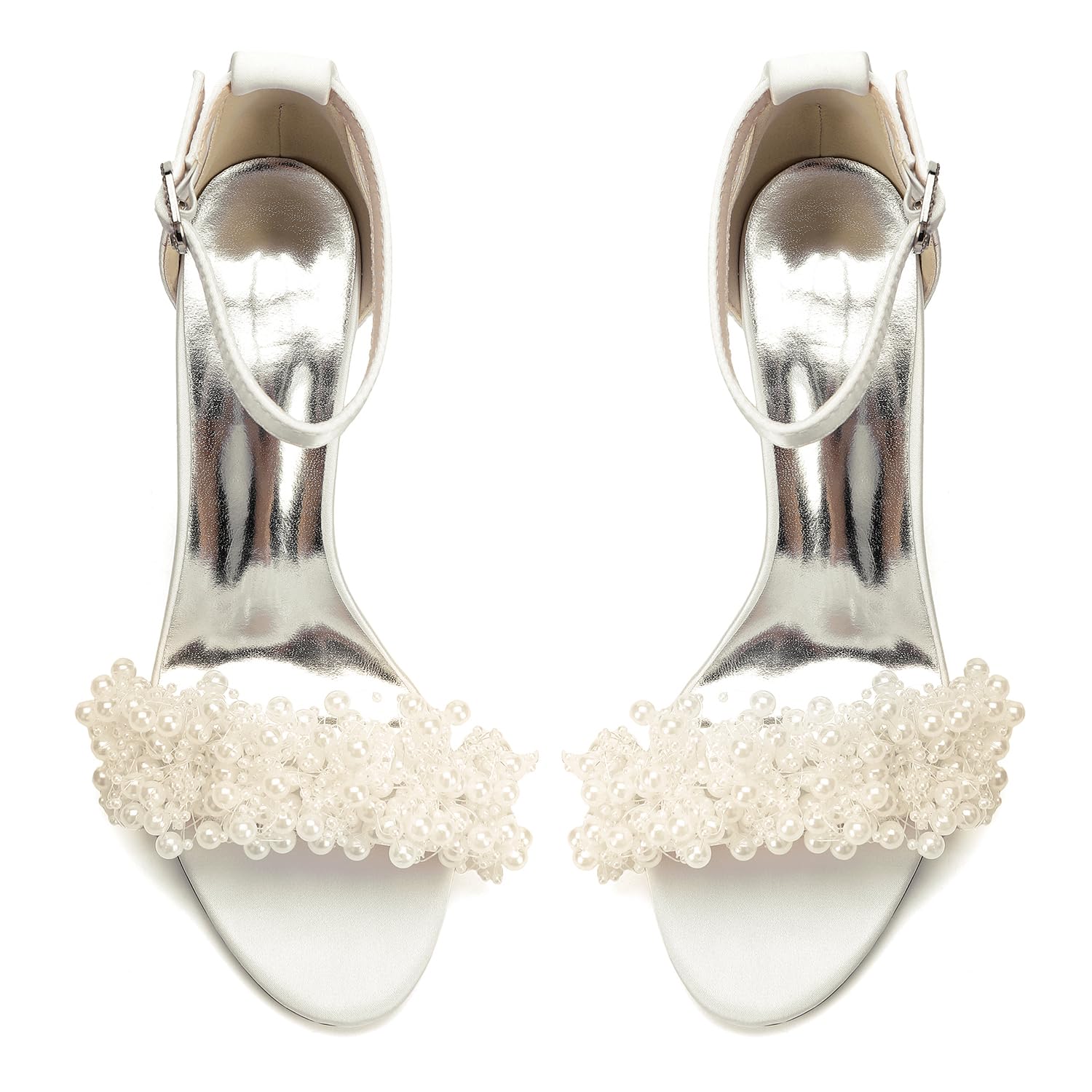 Grappoli di Perle Sandali in Raso per Donna, Tacco Largo 8,5cm, Scarpe da Sposa Romantiche ed Eleganti con Cinturino alla Caviglia per Matrimonio
