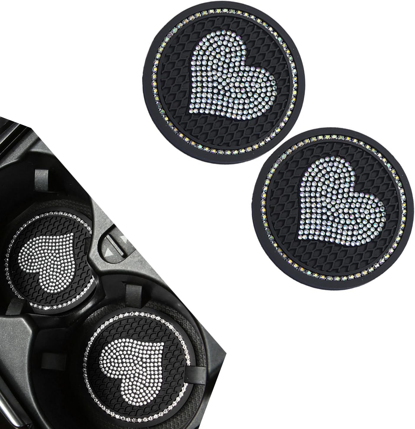 2 PCS Bling Car Cup Coaster, 2.7In x 0.1In Heart Anti-Slip PVC Vehicle Cup Mat Replacement, Universal Waterproof Durable Automotive Interior Decor Accessories for Trucks SUVs RVs (Black)