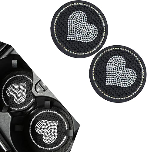 2 PCS Bling Car Cup Coaster, 2.7In x 0.1In Heart Anti-Slip PVC Vehicle Cup Mat Replacement, Universal Waterproof Durable Automotive Interior Decor