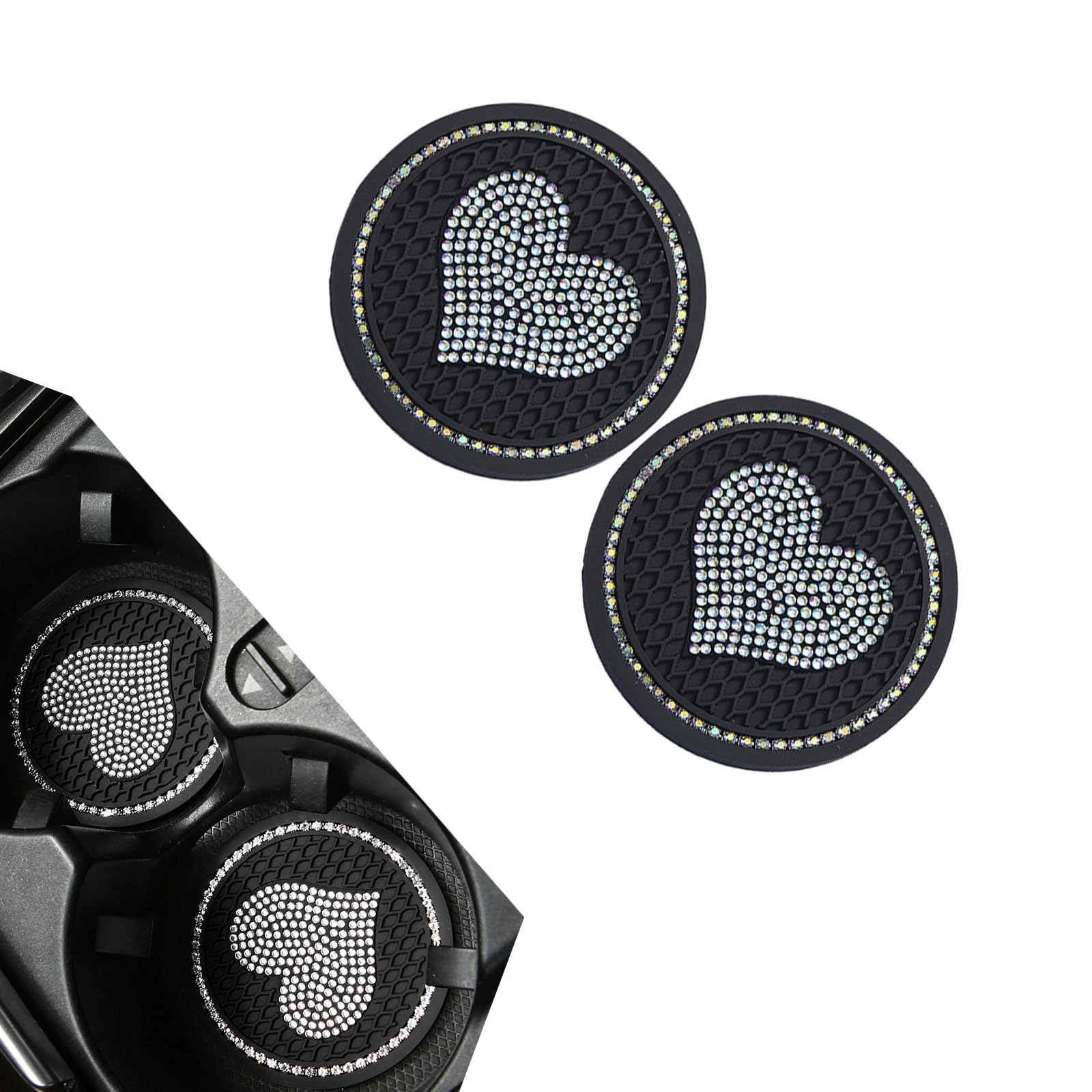 2 PCS Bling Car Cup Coaster, 2.7In x 0.1In Heart Anti-Slip PVC Vehicle Cup Mat Replacement, Universal Waterproof Durable Automotive Interior Decor Accessories for Trucks SUVs RVs (Black)