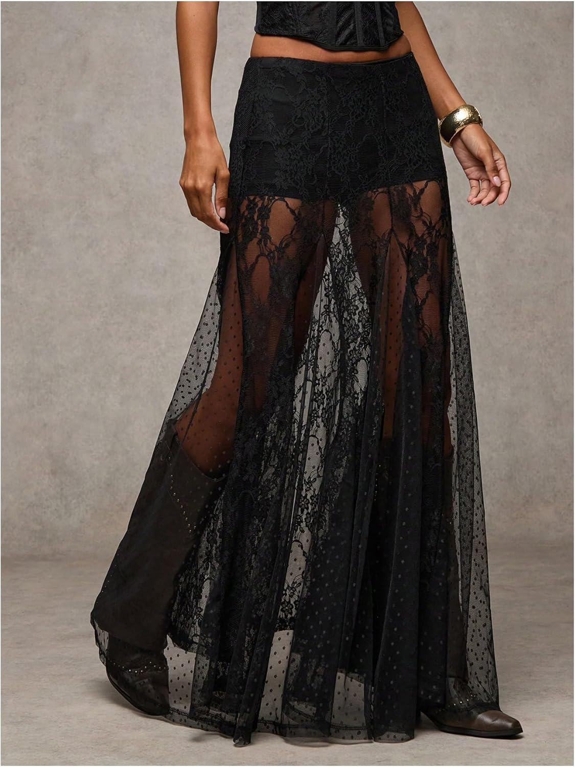 WDIRARA Women's Sexy See Through Sheer Lace Maxi Skirt Low Waist Ruffle Hem A Line Flowy Skirt - Image 3