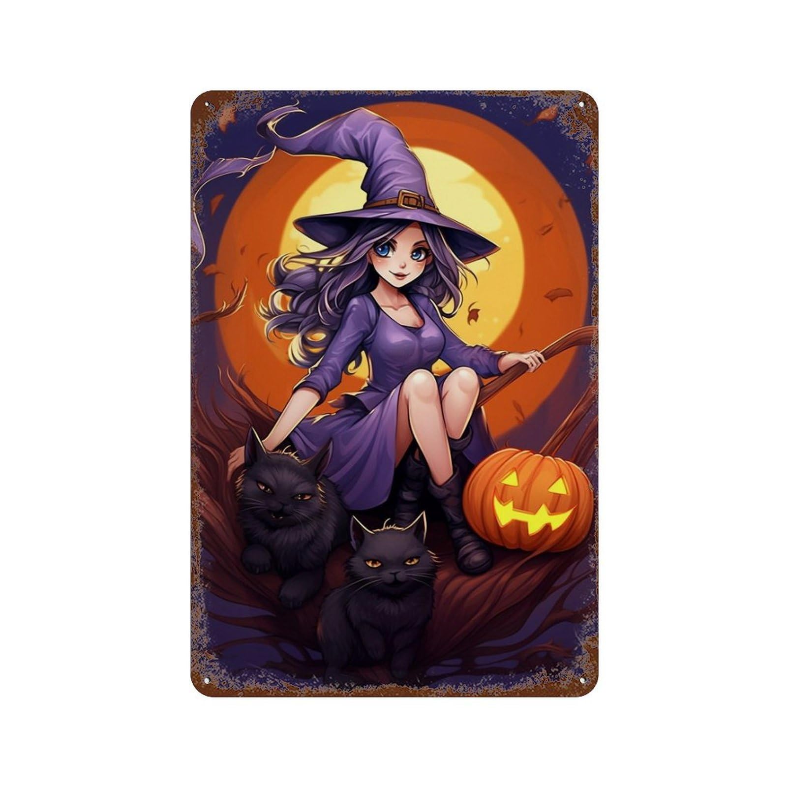 Halloween Witch with Cats 11.8"x7.9" Decorative Tin Sign, Retro Wall Decor for Garage, Bar And Workshop Decor