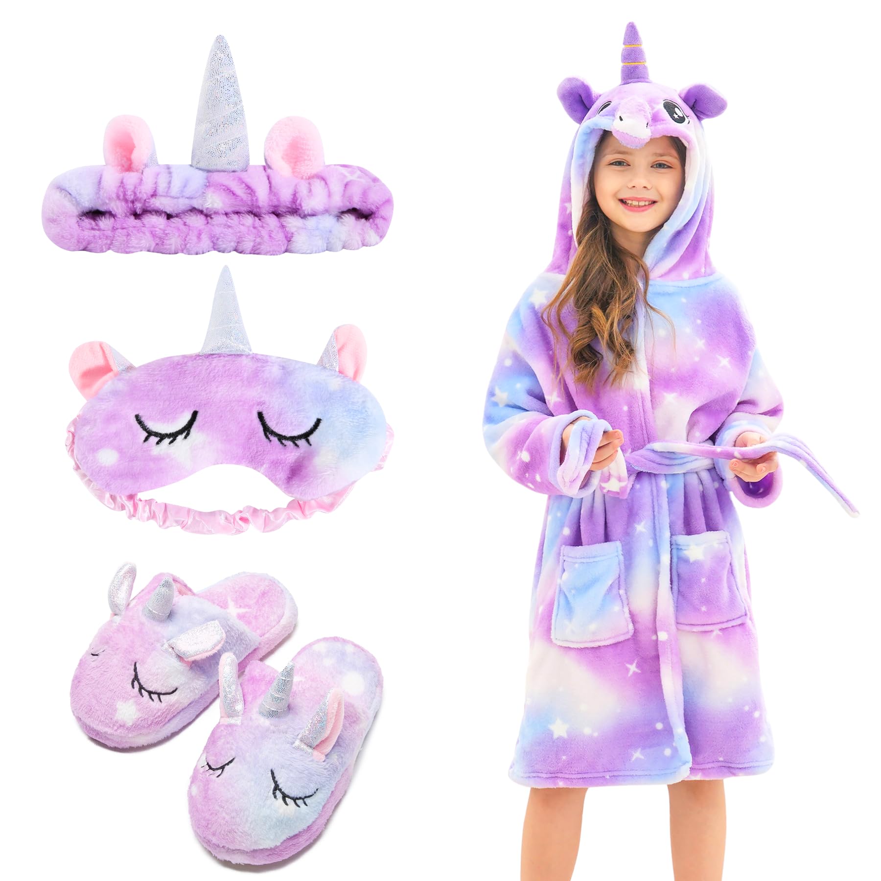 Peignoir Doux Fille Licorne Robes de Chambre à Capuche pour Filles avec Pantoufles de Licorne - Cadeaux pour Filles