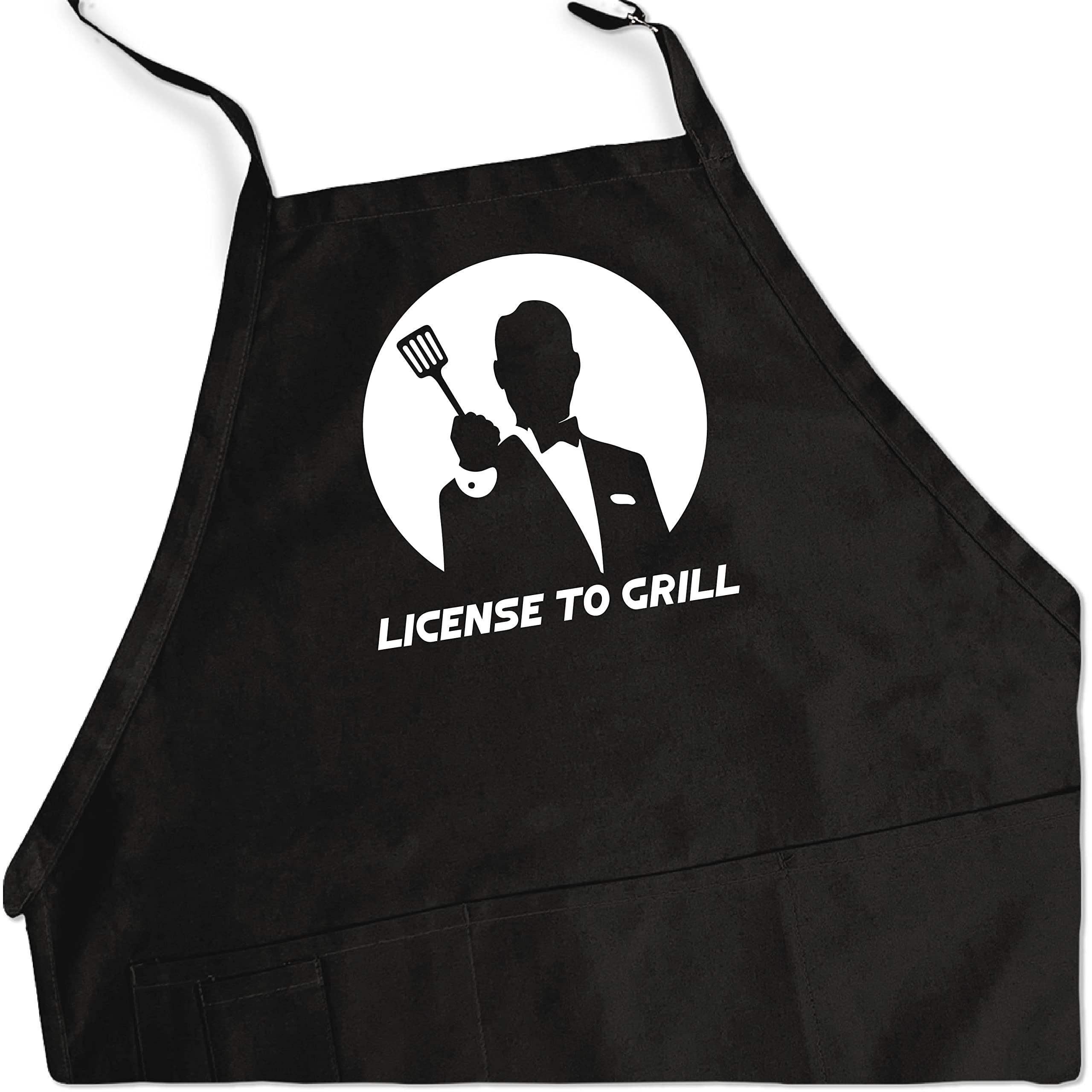 ApronMen Delantal de parrilla de barbacoa (licencia para parrilla) con poliéster, 4 bolsillos utilitarios, cuello ajustable y tiras de cintura extra largas