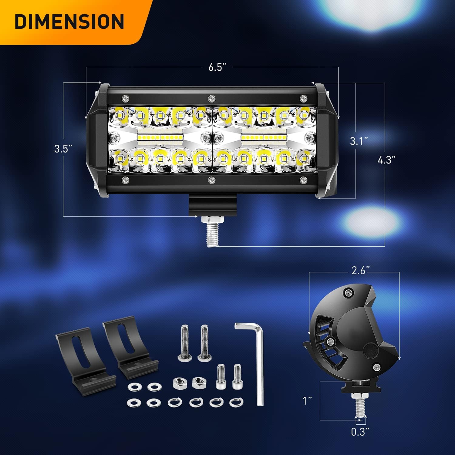 GOOACC 2PCS 6.5 Inch 120W Triple Row LED Pods Flood Light Bar Fog Light Driving Lighting with 16AWG Off Road Wiring Harness-2 Leads for Truck Golf Cart SUV ATV UTV Boat, 2 Years Warranty, (Auto-512)