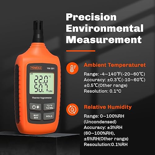 Miniatura 3 de YW-201 Medidor de temperatura y humedad, termómetro digital higrómetro con ambiente, punto de rocío, bombilla húmeda para interiorexterior,