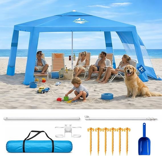 Beach Tent Shade Canopy - 8FT UPF50+ Beach Umbrella Sun Shelter 3Min Setup for 8 Person Cabana Tent with Sand Pockets Removable Side Walls Instant Sun Shade for Family, Camping, Fishing