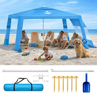Purebox Beach Tent Shade Canopy - 8 * 8FT UPF50+ Beach Umbrella Sun Shelter 3Min Setup for 8 Person Cabana Tent with Sand Pockets Removable Side Walls Instant Sun Shade for Family, Camping, Fishing