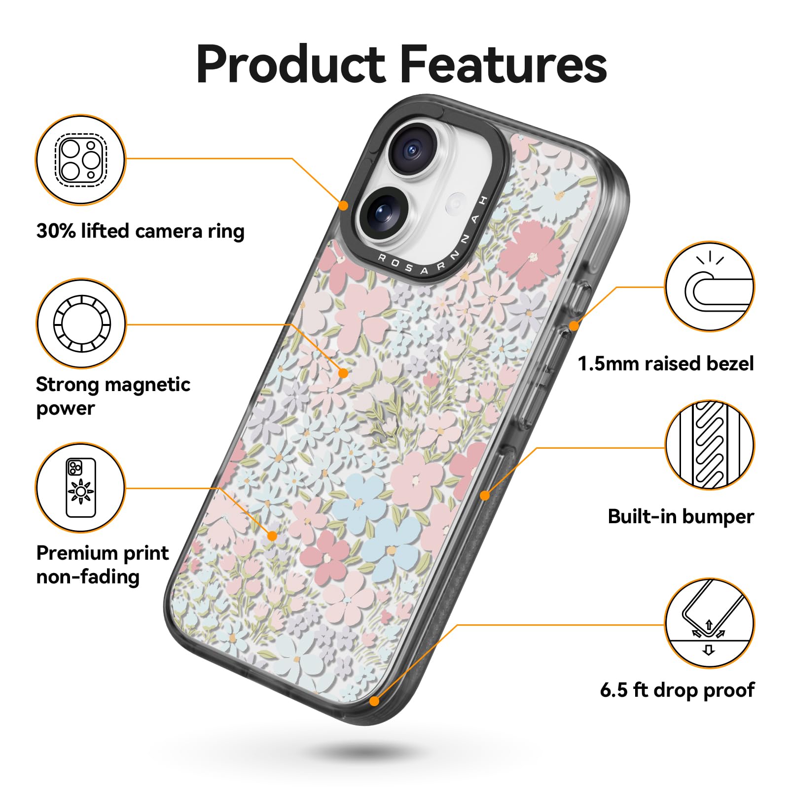 Rosarnnah Bonita funda para iPhone, compatible con Magsafe, duradera, a prueba de golpes, caída de 6.5 pies, divertido diseño de primavera rosa para iPhone (6.1 pulgadas), color negro