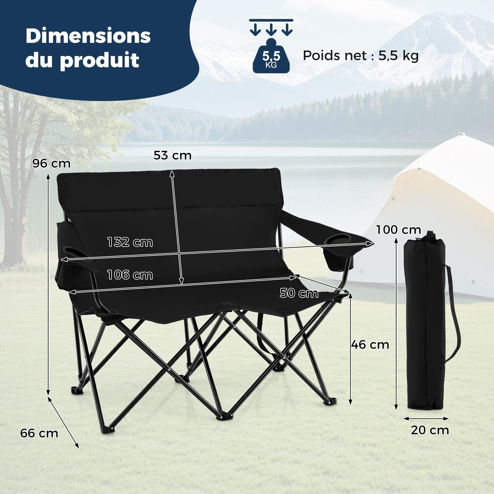 COSTWAY Chaise Pliante Camping à 2 Places, 132 x 66 x 96 cm, Charge 300 kg, Chaise de Jardin Exterieur, 2 Porte-Gobelets, Sac de Transport, Tissu Oxford, Fauteuil Pliant pour Plage Voyage Pêche (Noir)