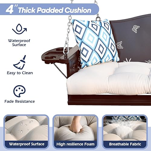 Miniatura 3 de Columpio de metal para porche de 3 asientos, 900 libras, banco colgante resistente con bandeja y cojines mejorados, silla columpio con acabado