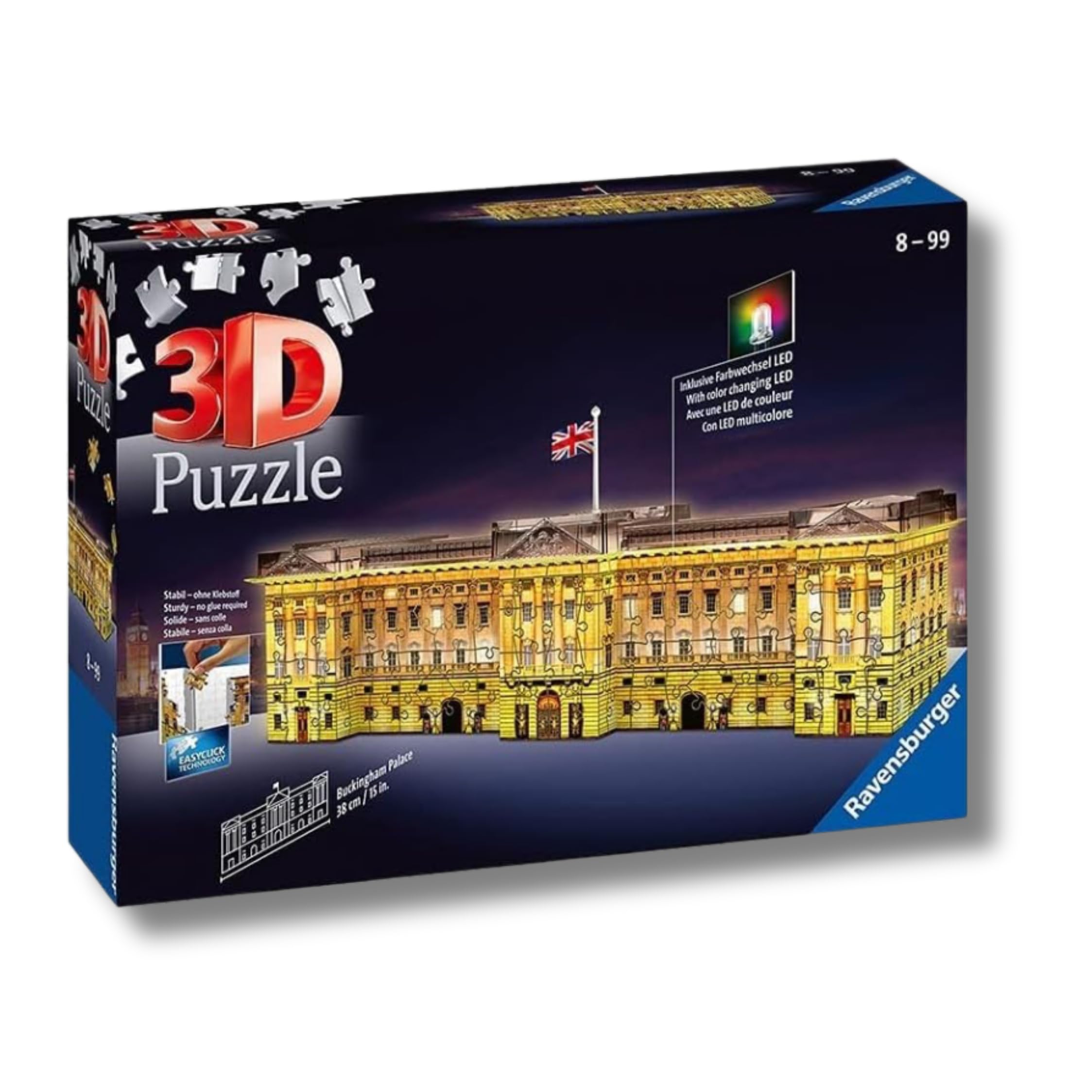 Ravensburger - Puzzle 3D Buckingham Palace Notturno LED, 237 Pezzi | Puzzle 3D LED Buckingham Palace da 237 pezzi, replica notturna di Londra da costruire, decorazione per casa e idea regalo.
