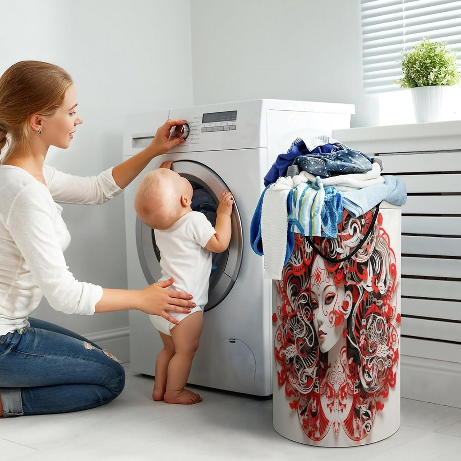 Red Paper Cut StyleLaundry Hamper - Large Dirty Clothes Bag.Storage Basket for Easy Carry Handles. Large Clothes Basket with Handles, Clothing Storage Bucket Toy Organizer for Bathroom Bedroom Dorm.