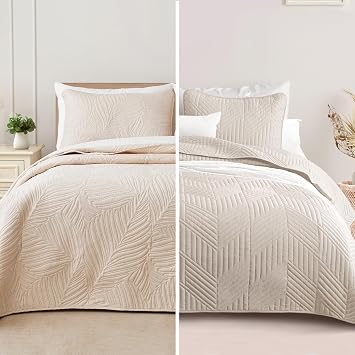 Exclusivo Mezcla Ultrasonic Leaf Pattern Full Queen Quilt Bedding Set and Modern Geometric Quilt Set Bundle