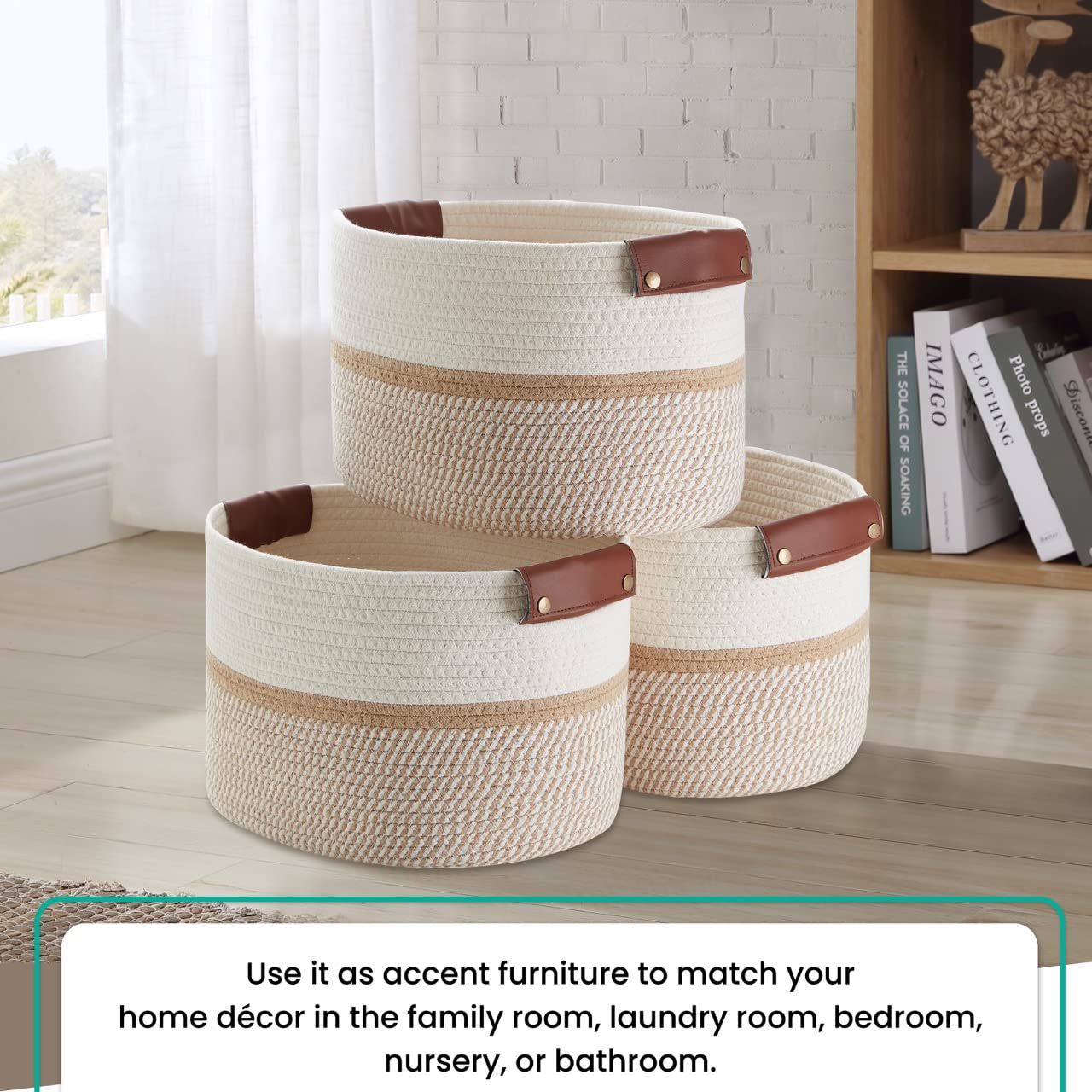 Lot De 3 Paniers Rangement Organizix - Corde Coton - Poignées Cuir Synthétique - 38x25x23cm - Crème
