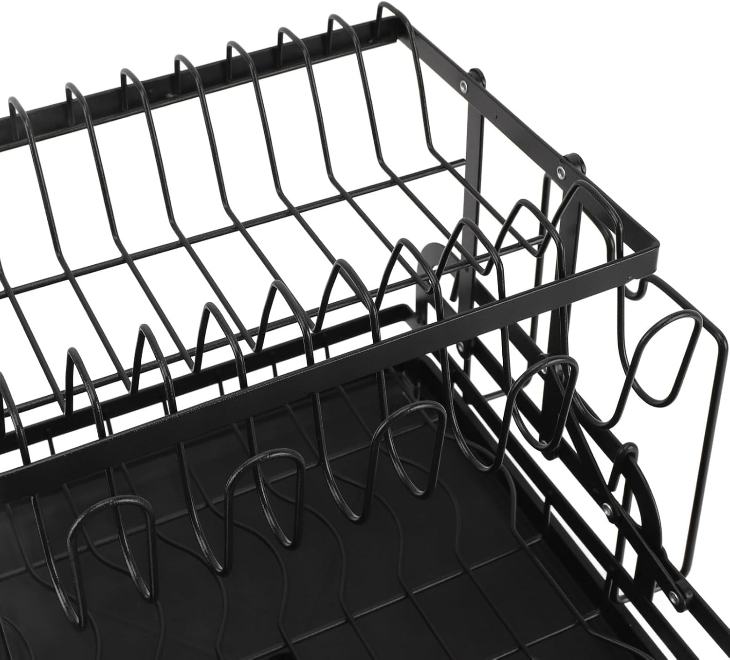 Double Tier Dish Drying Rack, Foldable Storage Rack for Kitchen Countertop, Drainer Shelf, Ventilated Design, Multipurpose Organizer with Iron Material (Black)