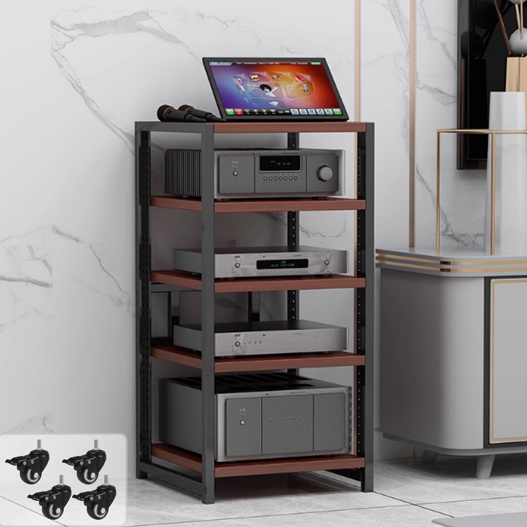 Meuble multimédia AV réglable 3 4 5 6 niveaux étagère console audio et jeux vidéo noyer rouge
