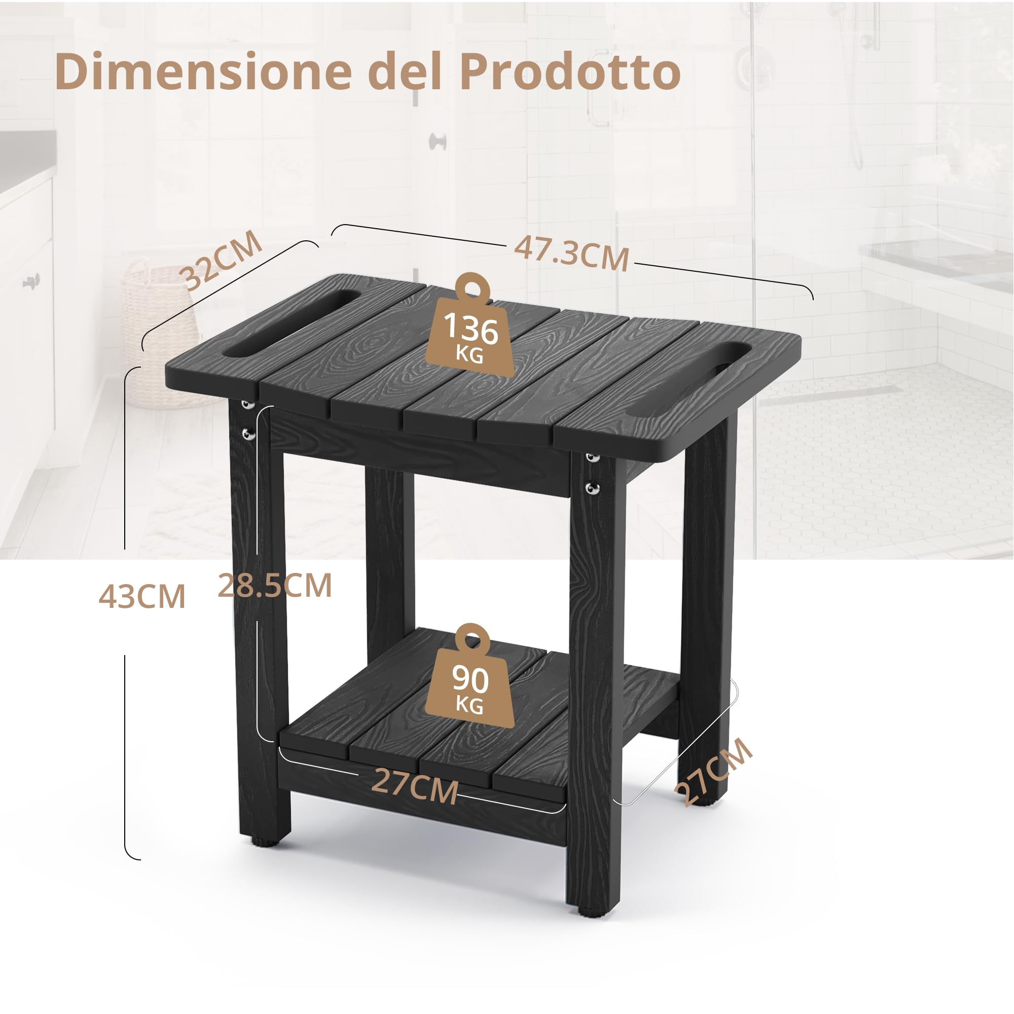 LUE BONA Tabouret de Douche en HDPS, Banc de Salle de Bain Imperméable avec Étagère, Siège Antidérapant pour Douche, Résistant aux Intempéries, Intérieur et Extérieur, Noir