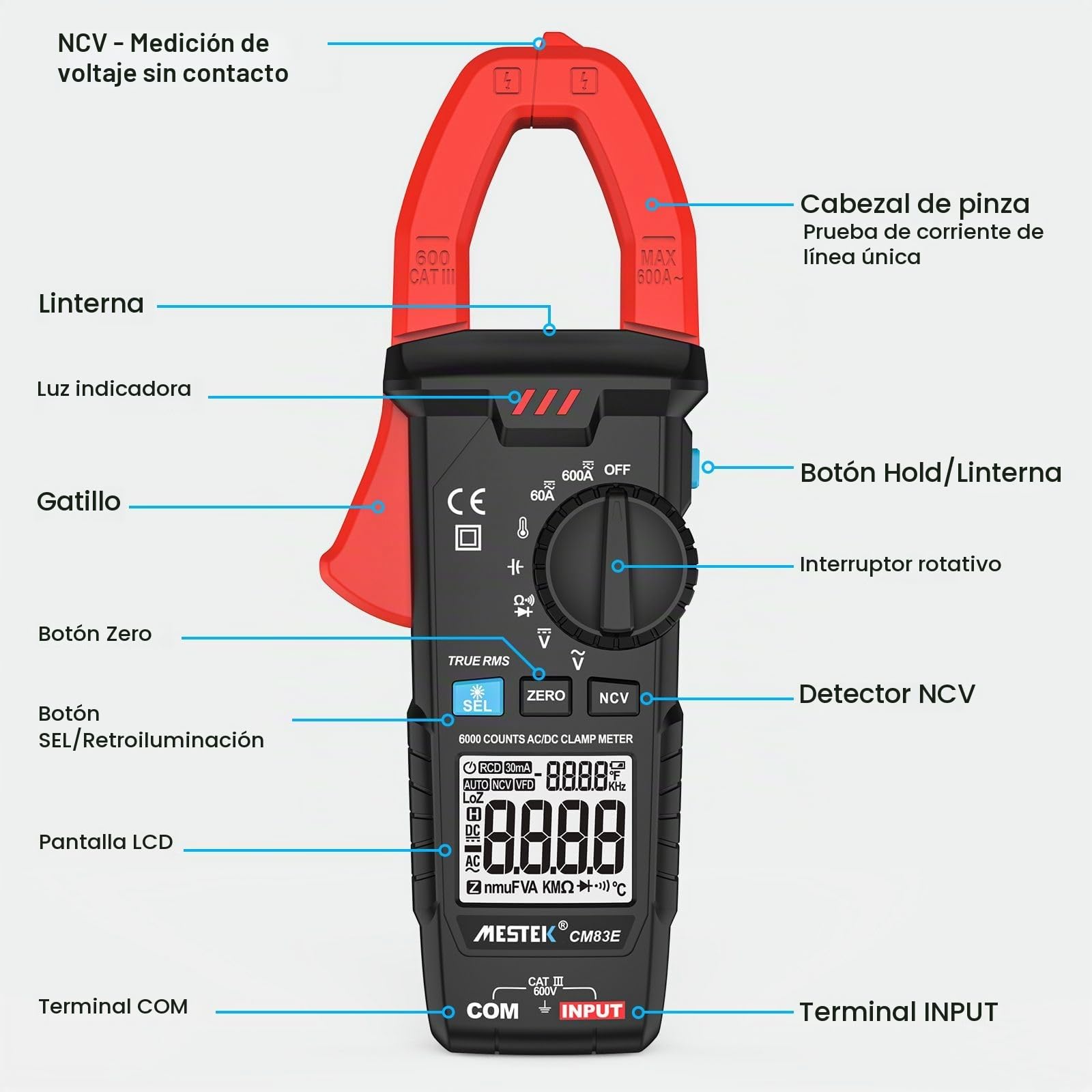 Pinza Ampérimetrica CA/CC MESTEK, Multímetro Digital Polimetro Voltímetro Amperimetro 6000 Cuentas T-RMS Autorango, Tester para Corriente Voltaje Resistencia Continuidad Temperatura Diodo Bateria NCV