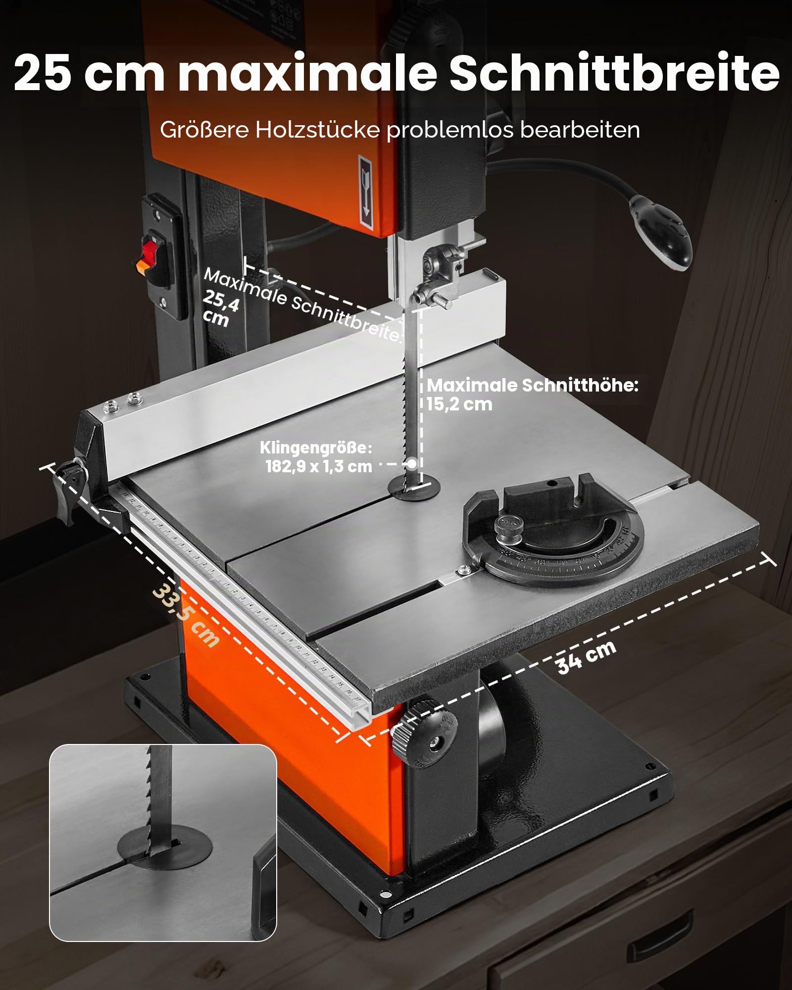 VEVOR Bandsäge, Schnittbreite 254 mm, Zweigang-Holzbandsäge mit 373-W-Motor (1/2 PS), Schnitthöhe 160 mm, 335x340 mm Gusseisentisch, mit 360°-Arbeitsleuchte, Gehrungsanschlag, Parallelanschlag