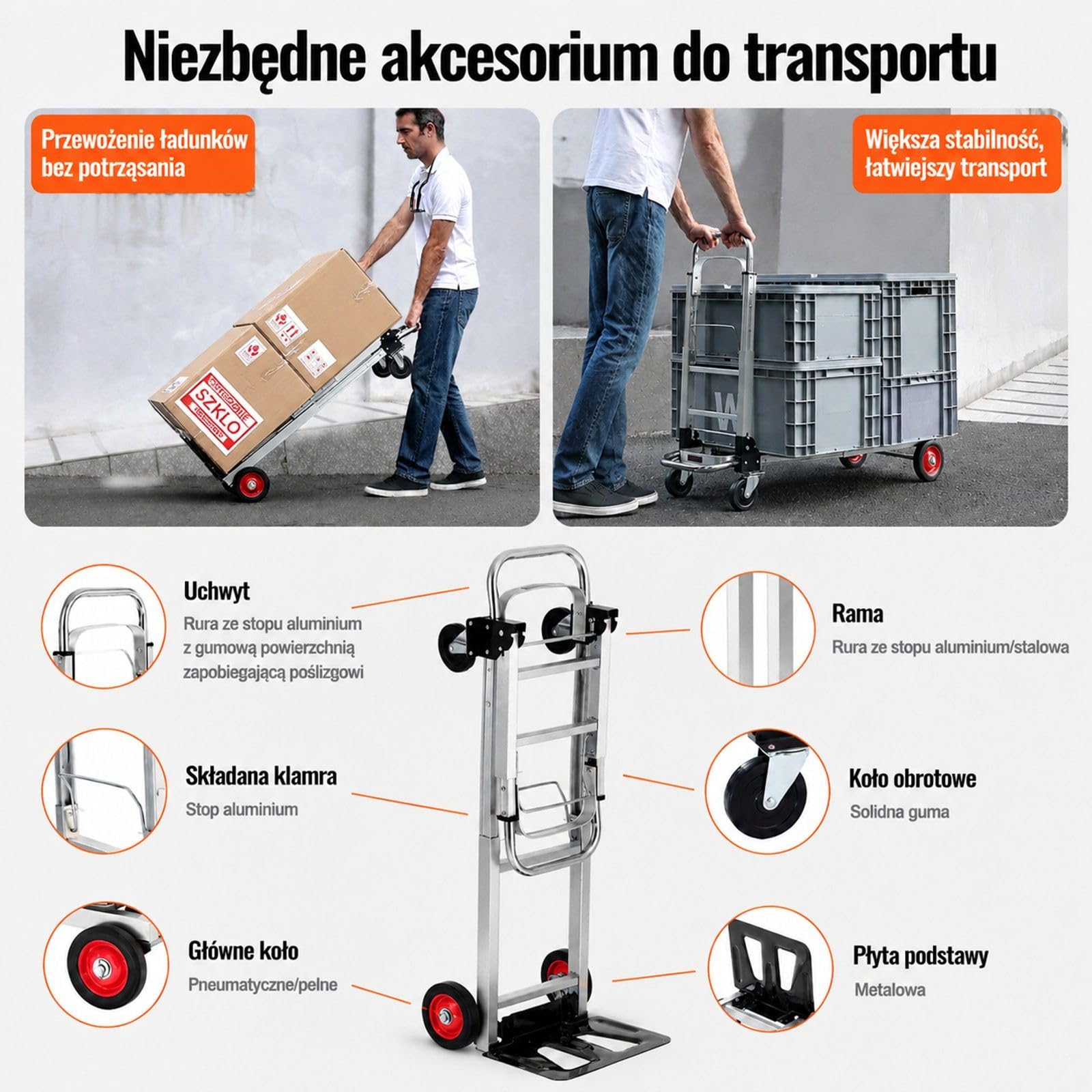 Składany wózek transportowy 2 w 1 z aluminium i stali węglowej, wózek ręczny i platformowy, udźwig 113/181 kg, gumowe koła, do użytku wewnątrz i na zewnątrz