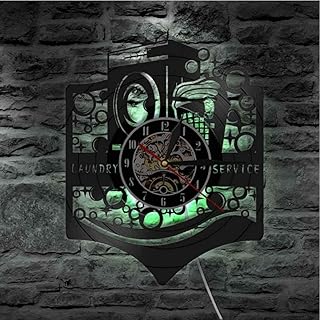 Buanderie Machine à Laver rétro Signe Vinyle Disque Horloge Murale Nettoyer Les vêtements Service de Nettoyage - avec LED