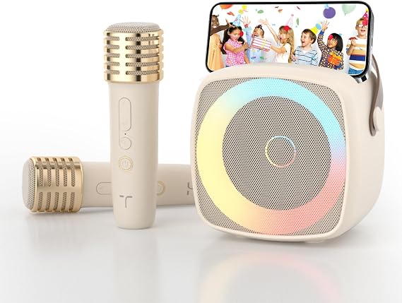 Karaoke Machine 2 Microphones for Boys Girls, Wireless Portable Bluetooth Speaker with Dynamic Lights for Kids Adults Mini Voice Changer Mic Speaker Set with Phone Holder for Home Party(Black)