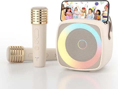 Karaoke Machine 2 Microphones for Boys Girls, Wireless Portable Bluetooth Speaker with Dynamic Lights for Kids Adults Mini Voice Changer Mic Speaker Set with Phone Holder for Home Party(Black)