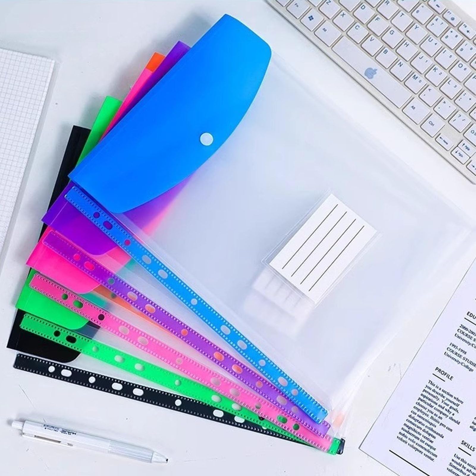 Confezione da 30 Portadocumenti Verticali A4 in plastica, Tasche espandibili con Foro e Bottone - Cartelle Resistenti per Scuola, Ufficio, casa e Viaggio