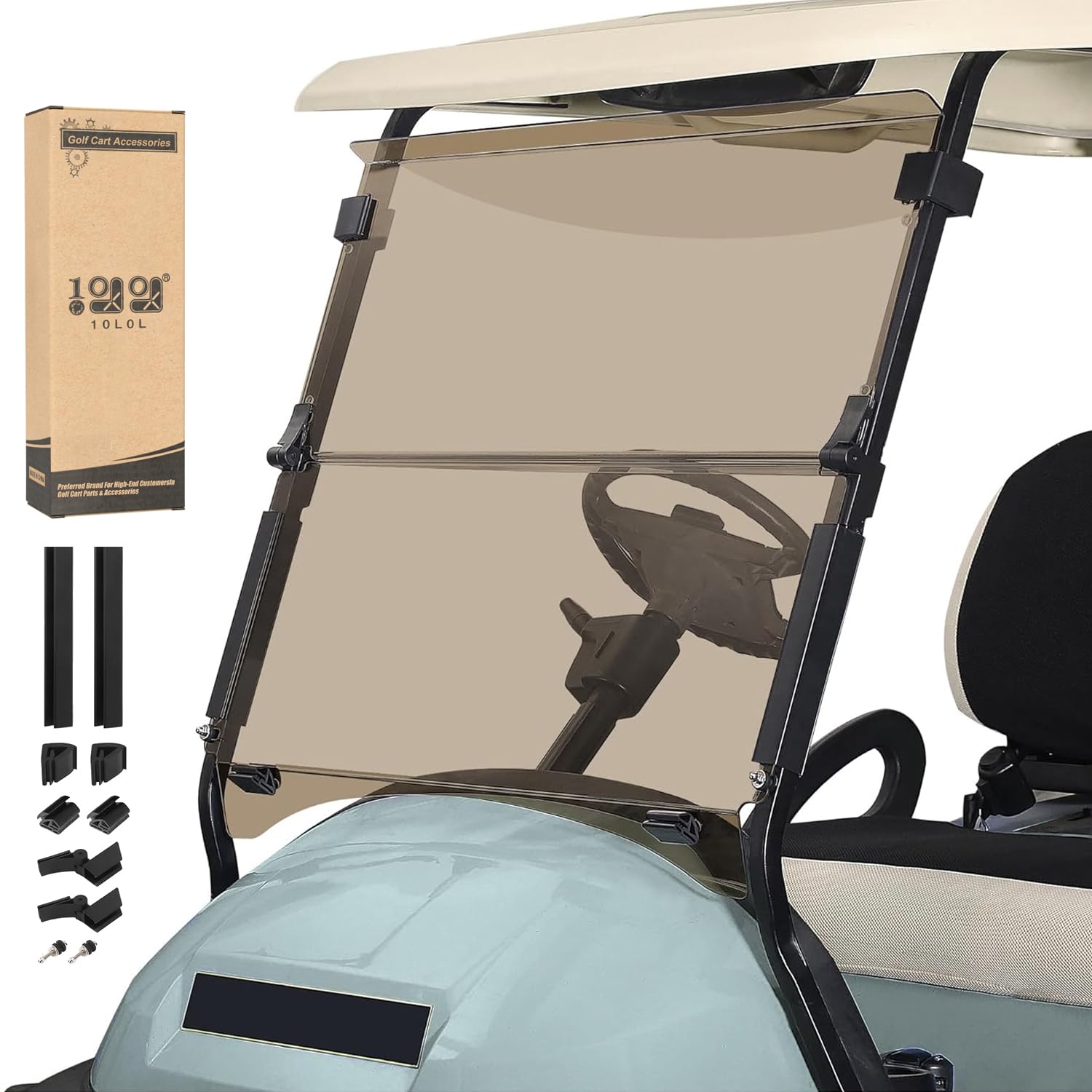 Photo 1 of 10L0L Golf Cart Windshield for Club Car Precedent 2004-Up, Tempo, 2017-Up Onward, Clear/Tinted Fold Down Club Car Windshield Anti-UV Impact Resistant, HD View, 37.5" W X 33.6" H