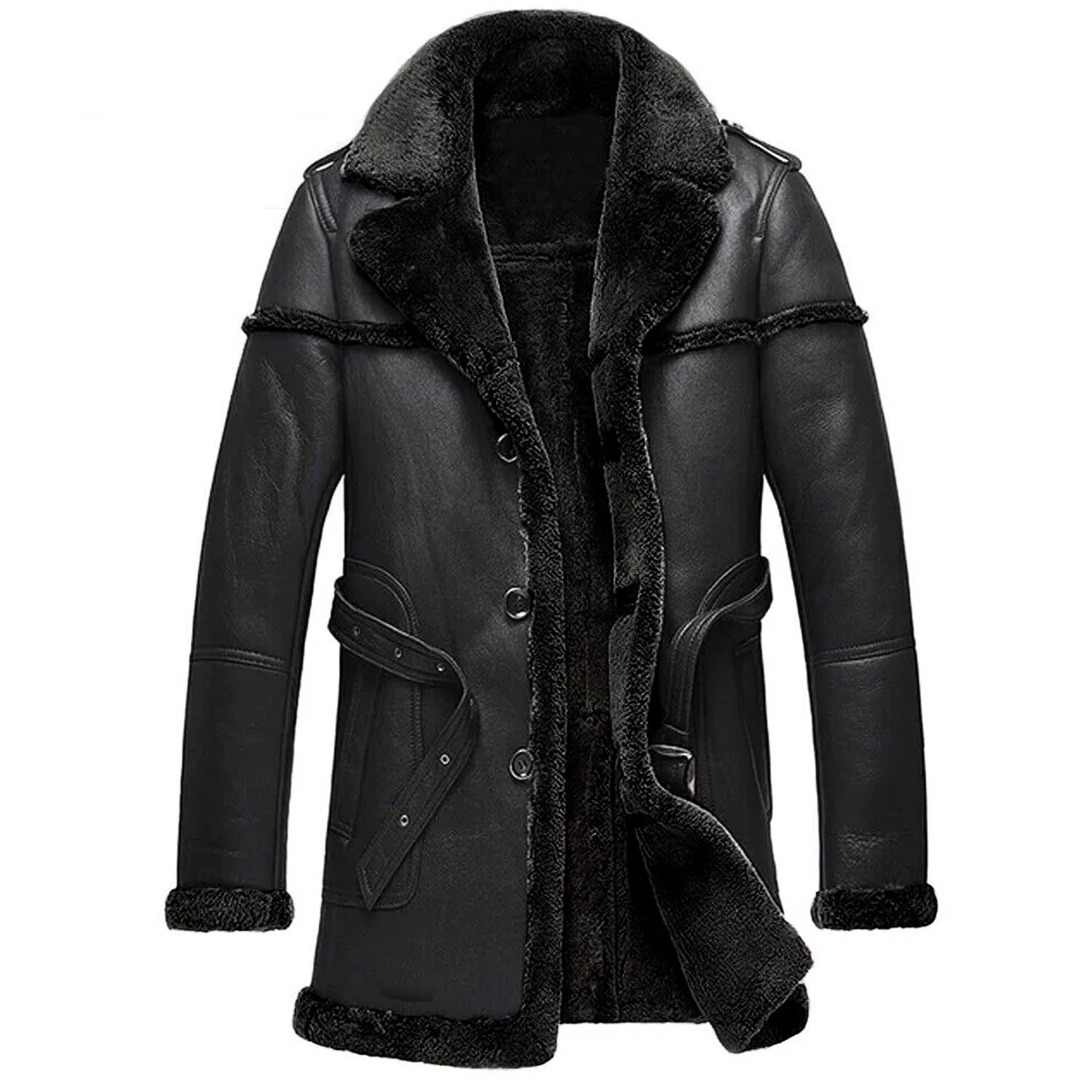 New Aviator Raf Leather Jacket WW2 Bomber B3 Flying Pilot Airforce Genuine Leather Jacket Men Real Sheepskin Fur Coat (UK, Alpha, XXL, Regular, Regular, Black with Black Fur)
