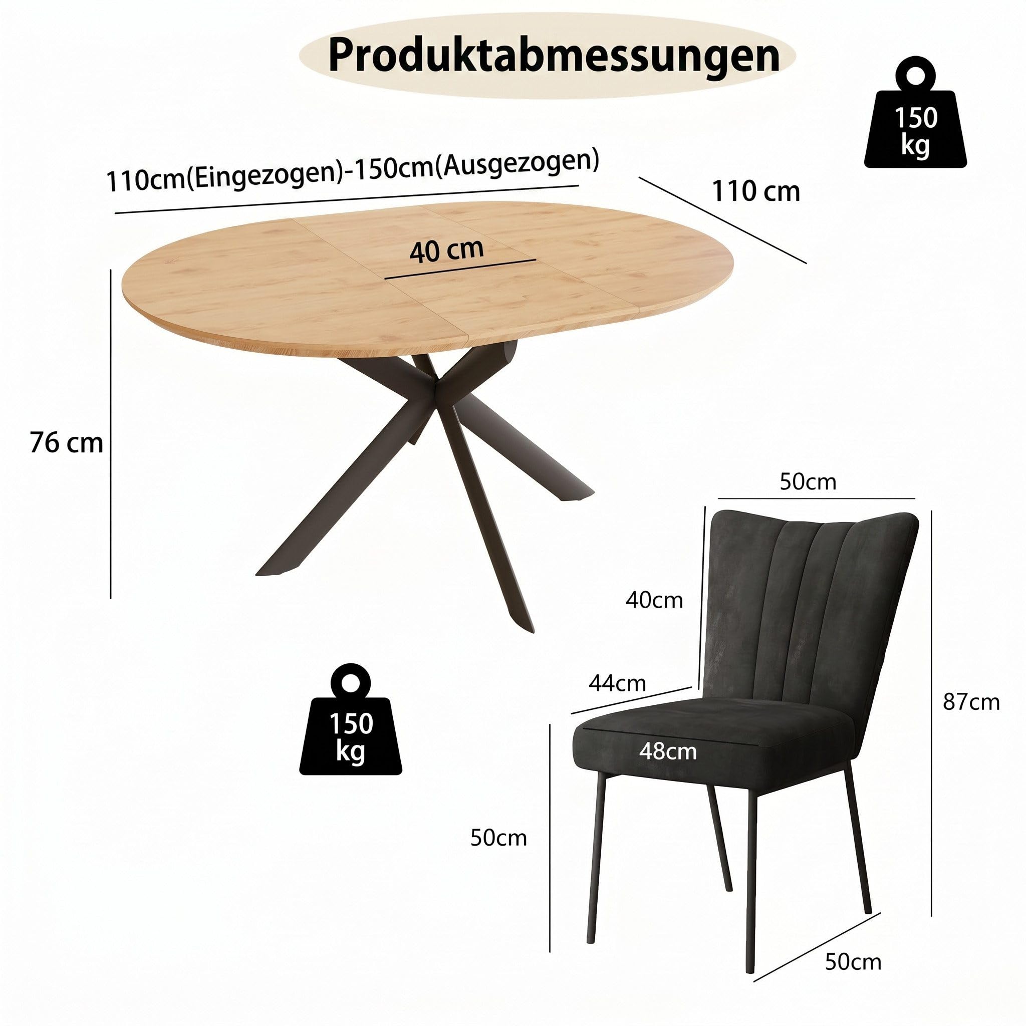 Wysuwany okrągły stół jadalny Rhein Wood Grain 110-150 cm metalowe nogi płyta MDF kolor drewna zawiera 4 grube czarne krzesła do jadalni, idealne na spotkania rodzinne
