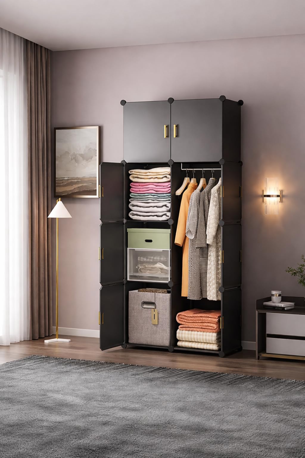 Sunderlook Plastic Wardrobe for Kids Clothes – Professional Collapsible Wardrobe, Easy to Use Foldable Almirah, Plastic Cupboard for Kids for Home (Black-HL3, 8 Door)