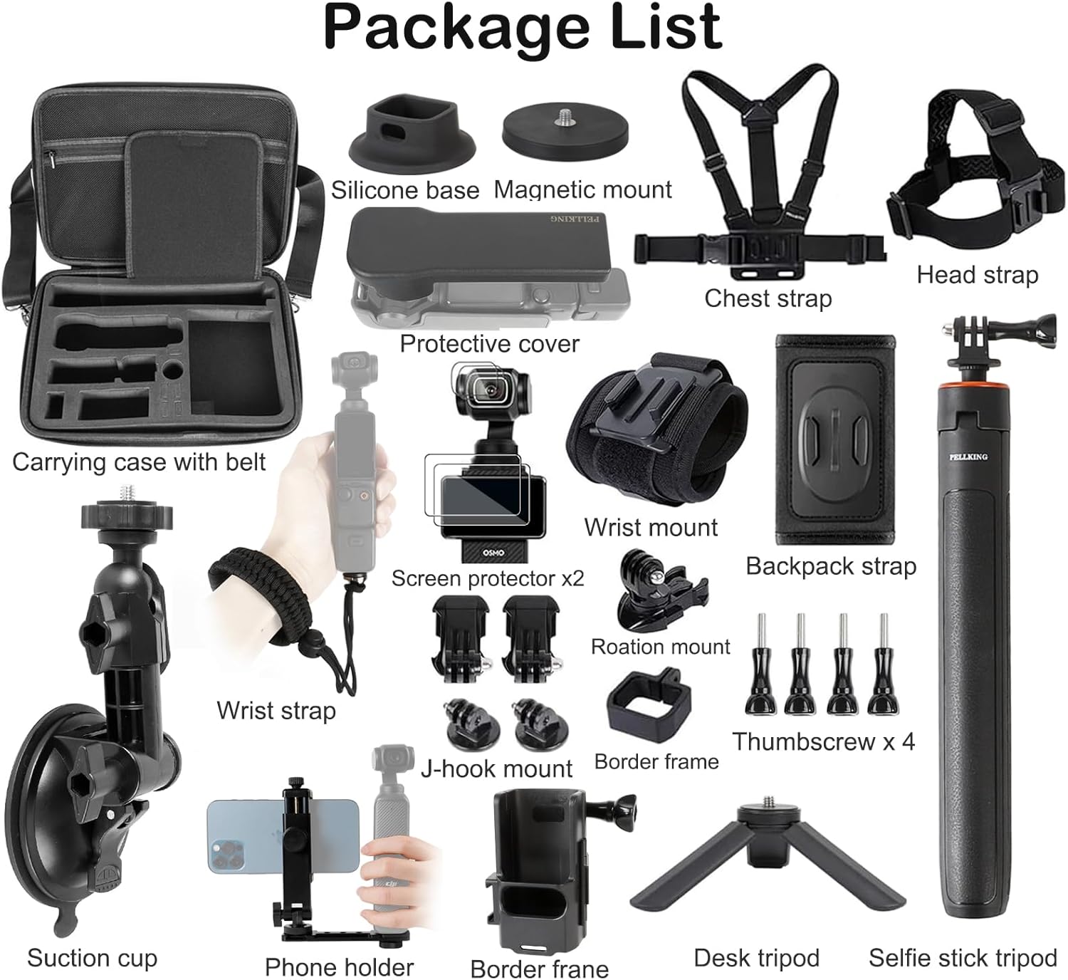 PellKing Accessories Kit for Osmo Pocket 3/Xtra Muse,Included Carrying Case with Belt,135cm Selfie Stick Tripod,Suction Cup,Magnetic Mount,4 Pcs Body Strap Mount,Silicone Base,Mini Tripod and Others