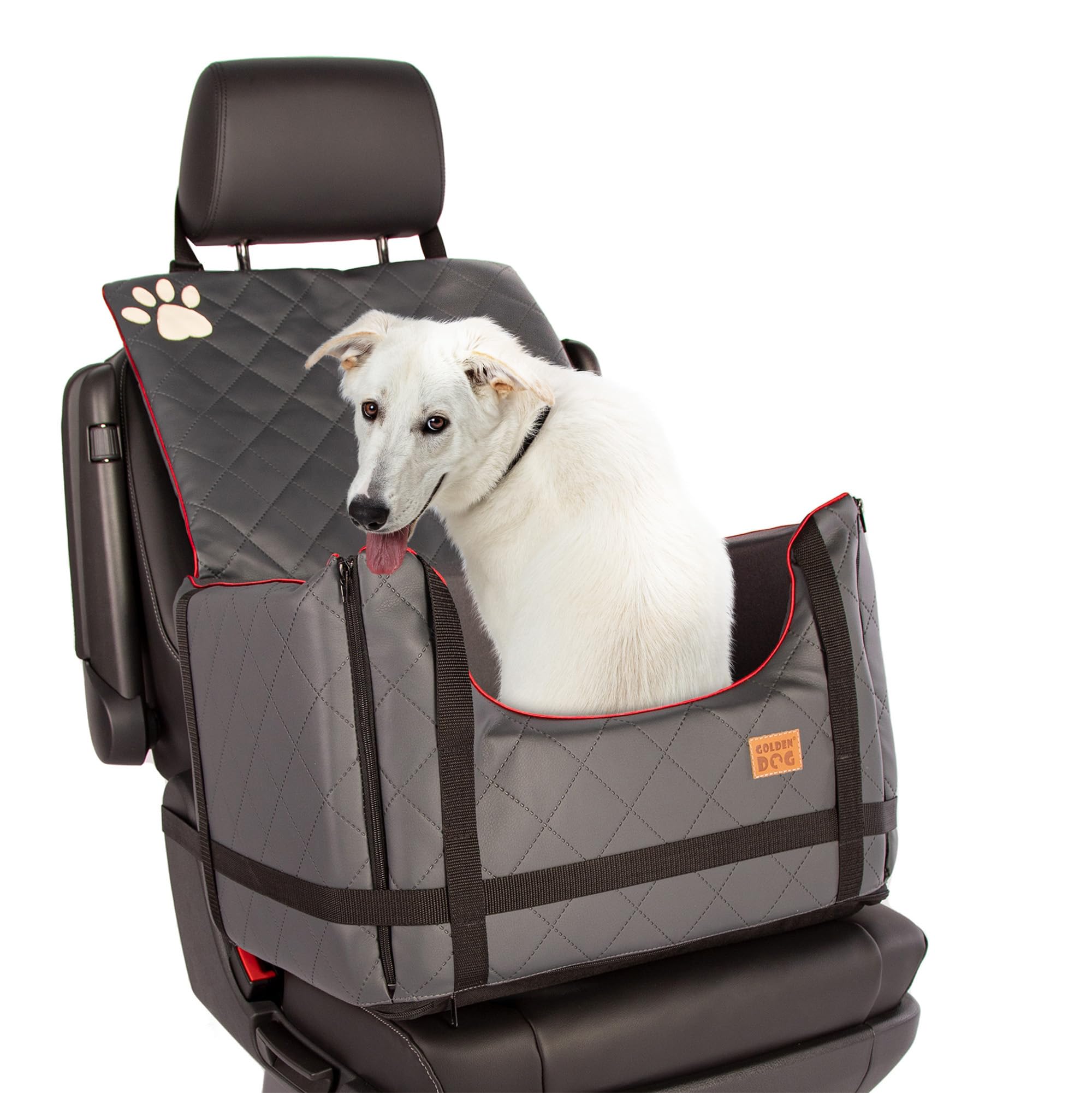 Golden Dog - Caja de transporte para perros con cinturón de seguridad M-52 x 44 x 33 cm - Asiento de coche de imitación de cuero para perro asiento impermeable para perro - Asiento de pasajero para