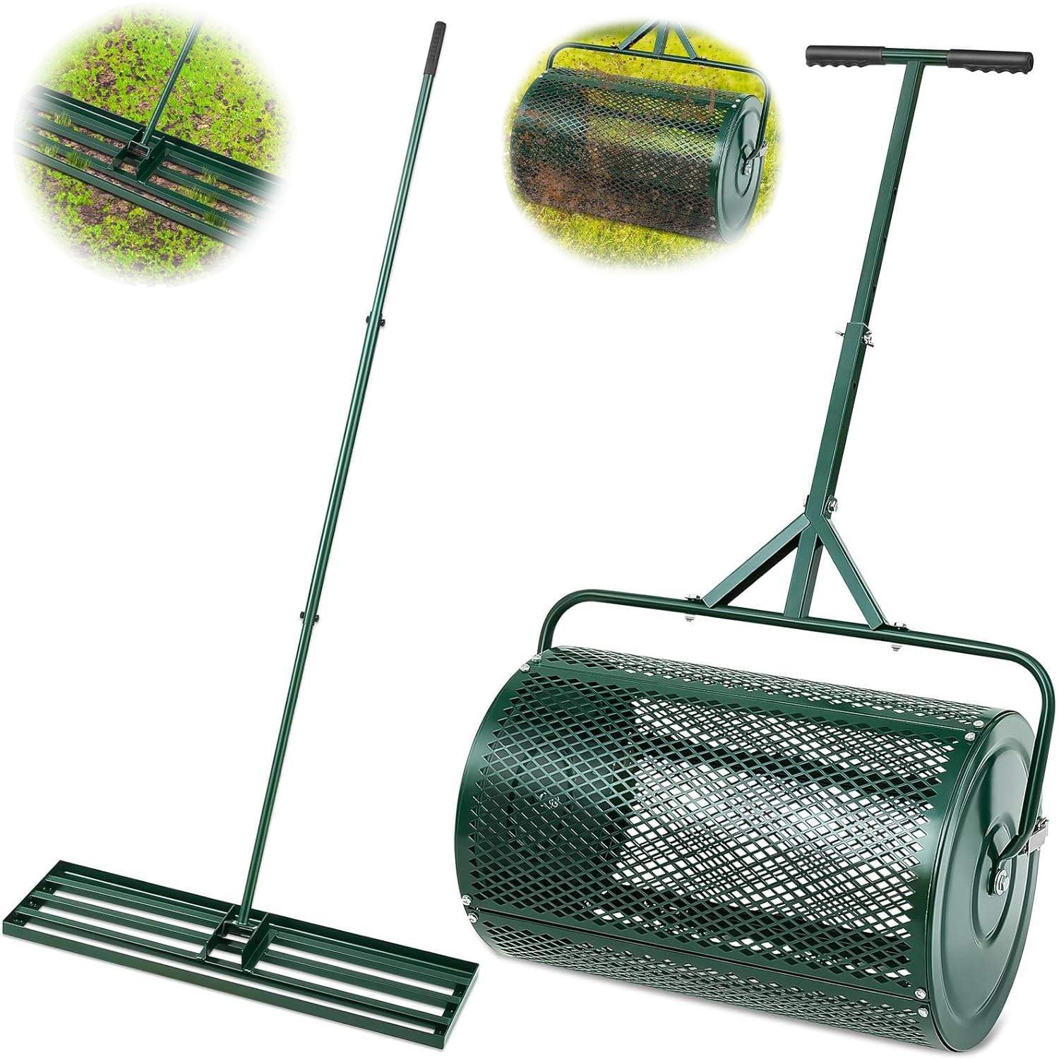 Juego de cuidado del césped con esparcidor de abono y rastrillo nivelador de césped, esparcidor de empuje de metal con mango en forma de T para un mantenimiento eficiente del patio