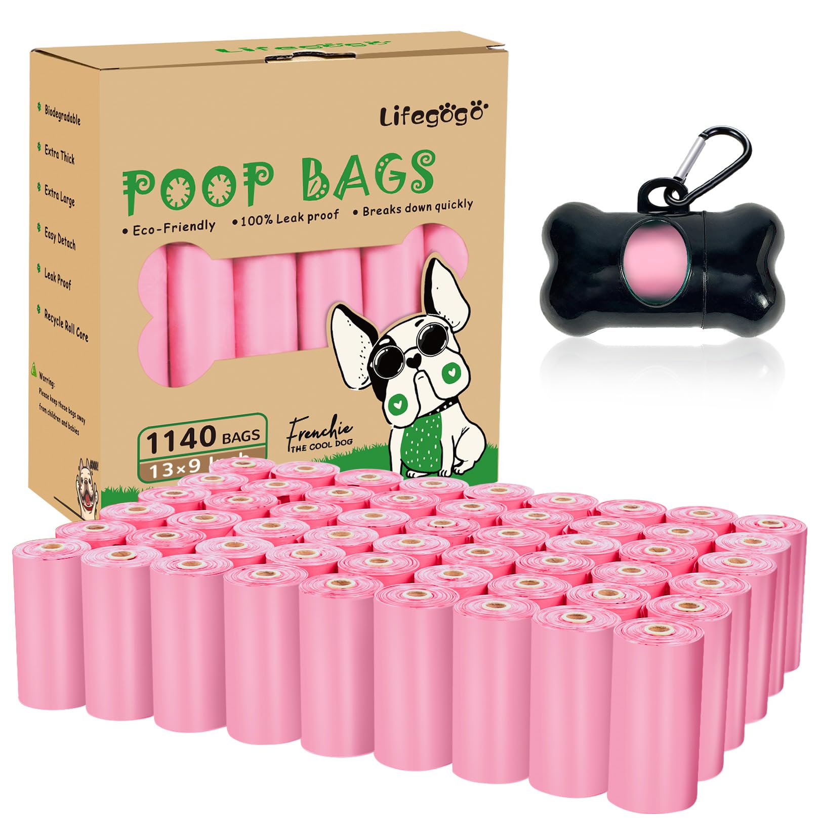 Lifegogo 1140 Counts 57 Rolls Unscented Doggy Poop Bags, Leak-Proof, Easy Tear-Off, Pink (13 x 9 Inches) — image 1