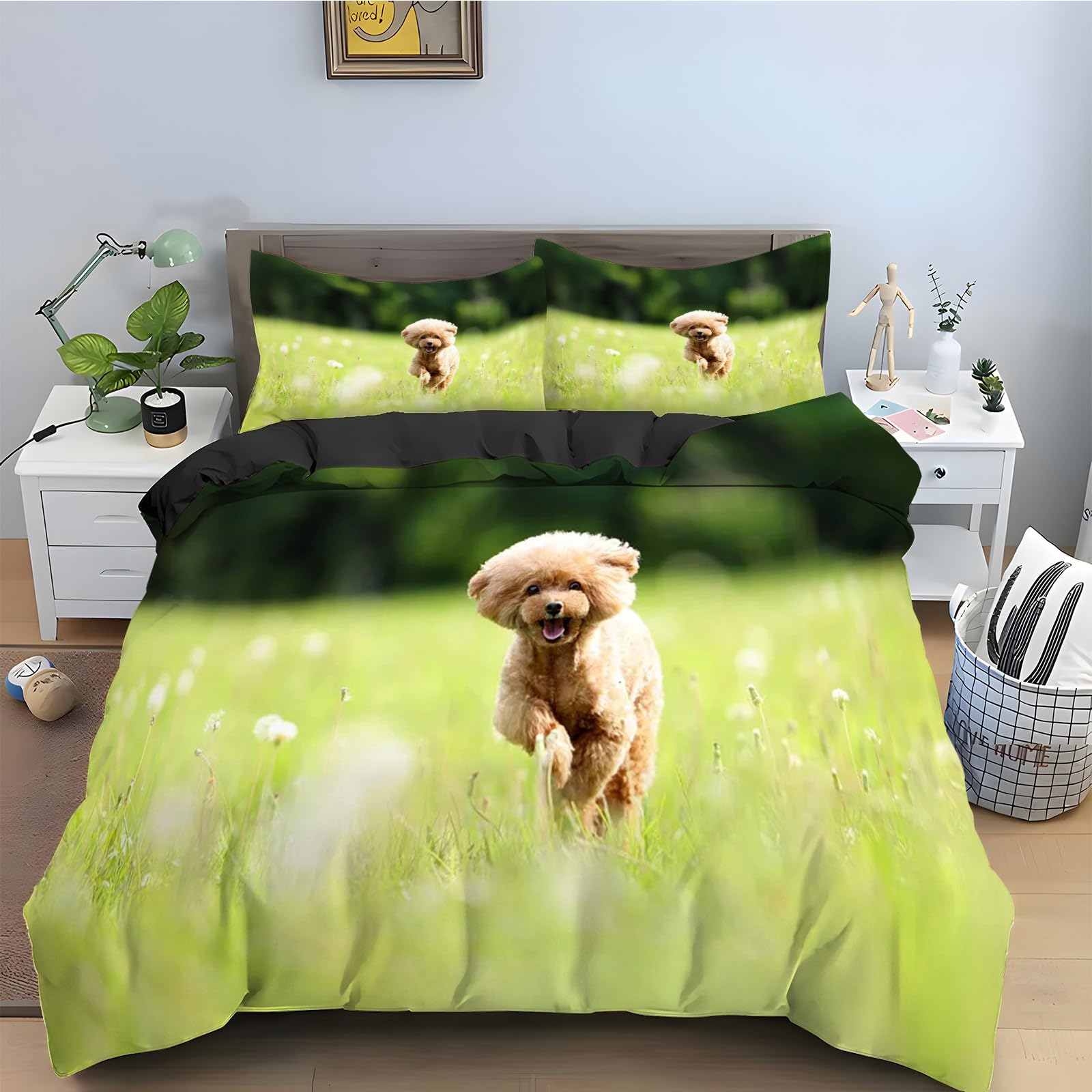 Parure de lit animal de compagnie Caniche avec housse de couette 200x200 et taies d'oreiller