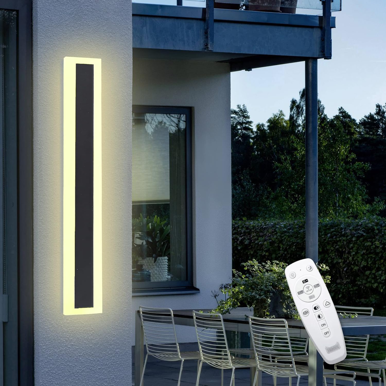 Outdoor Long Strip Wall Light Fixtures, Modern LED Long Wall Lights & 3 Color Stepless Dimming Wall Sconce with Remote Control for Bathroom, Living Room, Patio, Garage - 32Inches (Black)